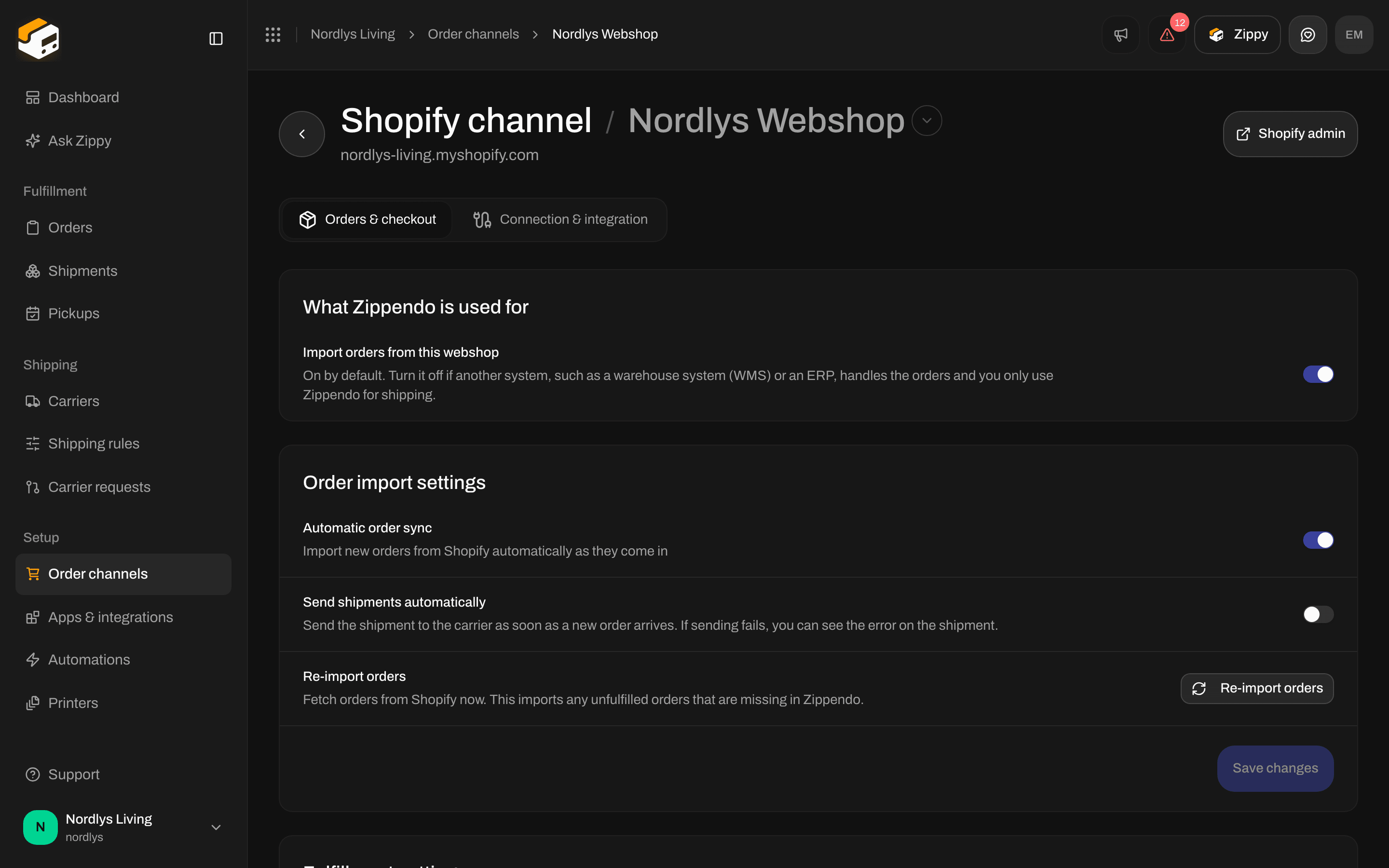 Shopify Orders & checkout tab with the order import and fulfillment switches