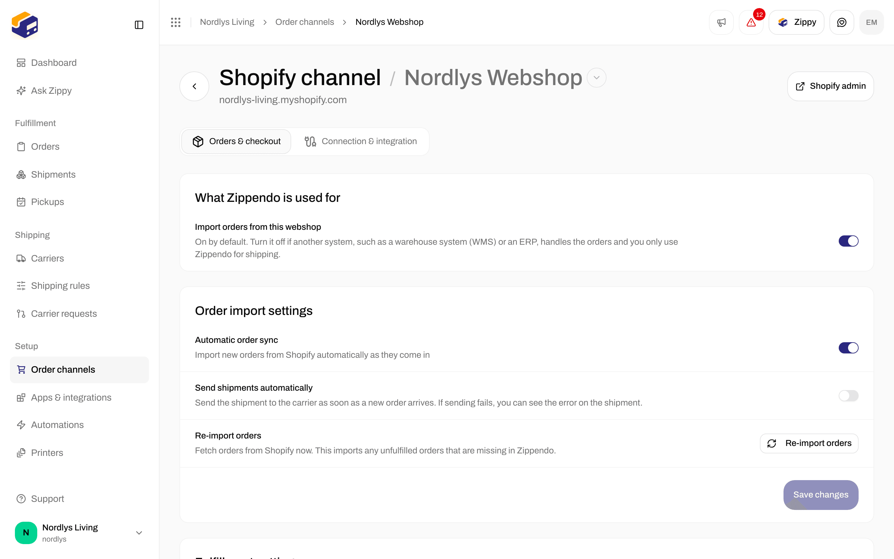 Shopify Orders & checkout tab with the order import and fulfillment switches