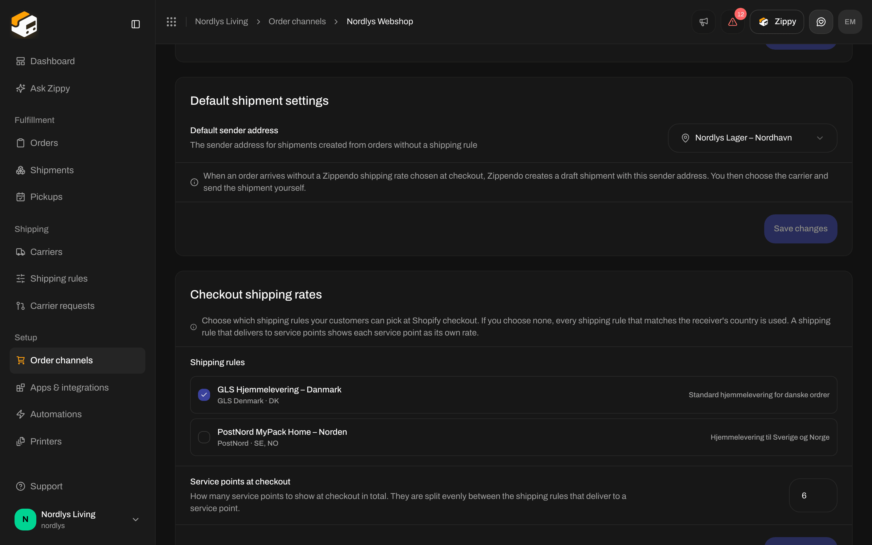 Checkout shipping rates with shipping rule checkboxes and Service points at checkout