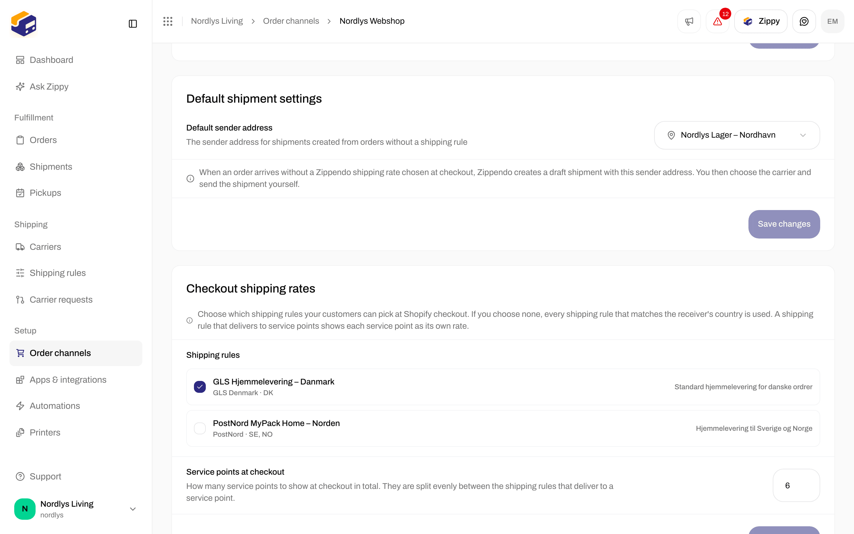 Checkout shipping rates with shipping rule checkboxes and Service points at checkout