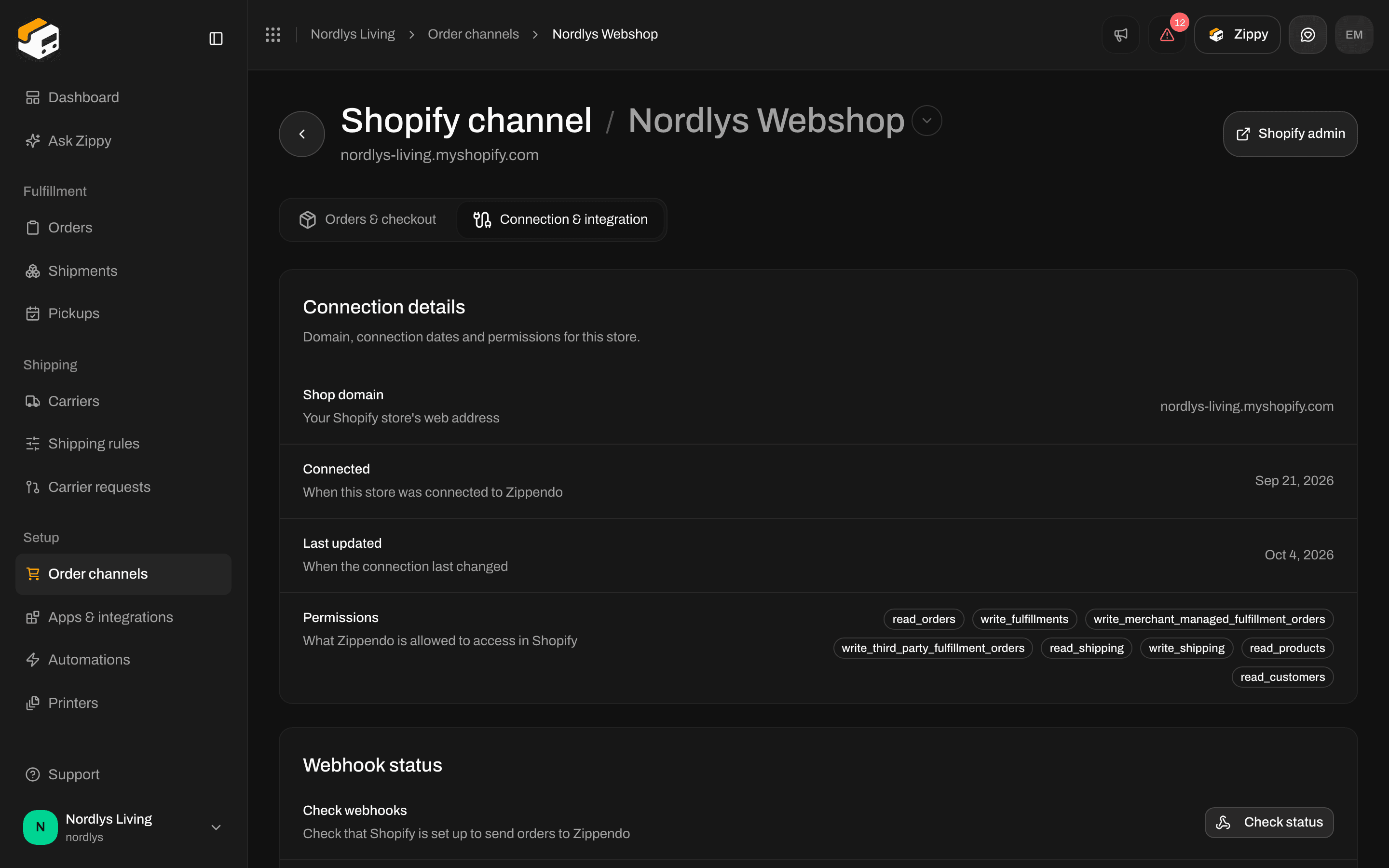Shopify Connection & integration tab with connection details and status checks