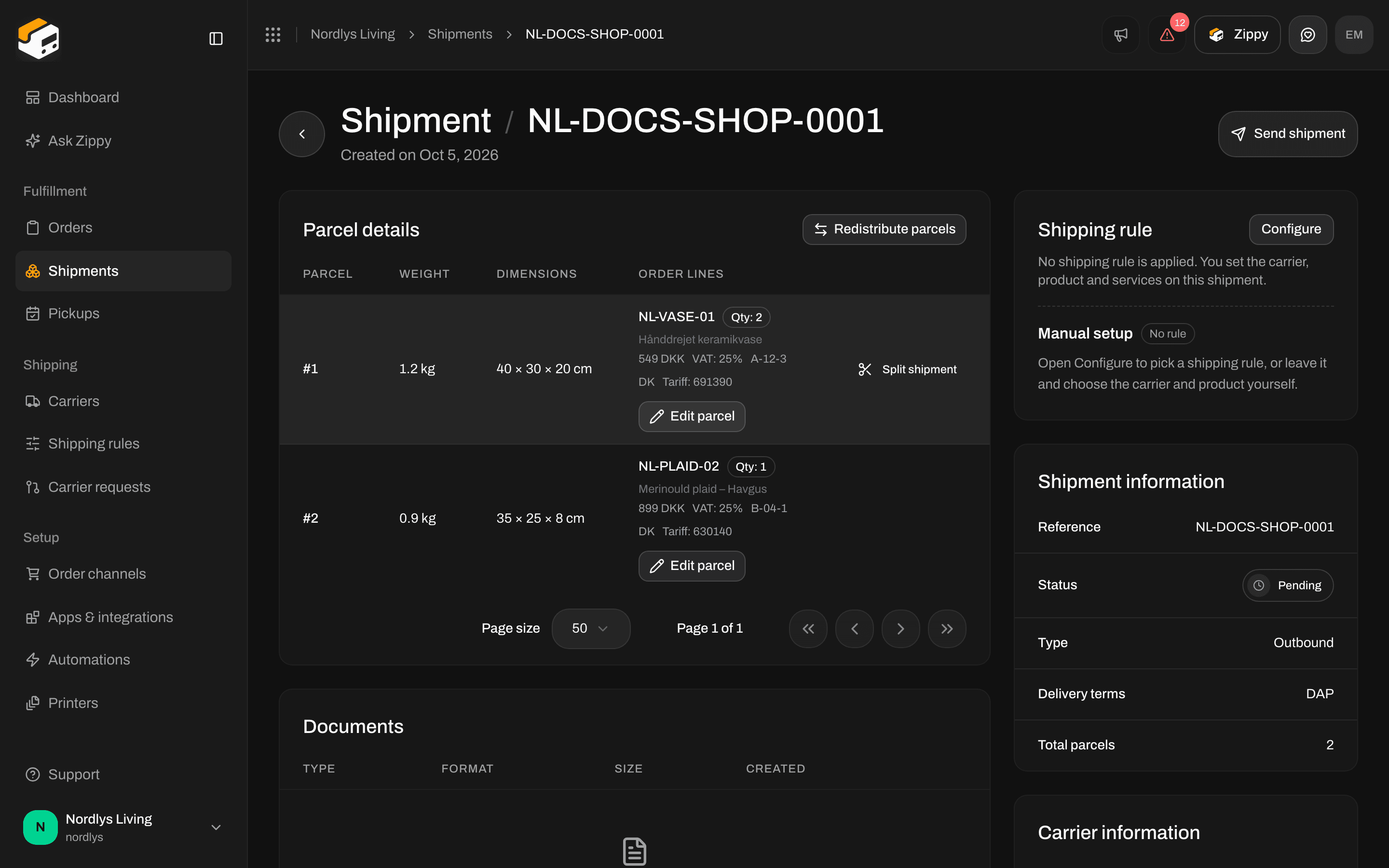Parcel details with two parcels, Split shipment, Redistribute parcels and Edit parcel