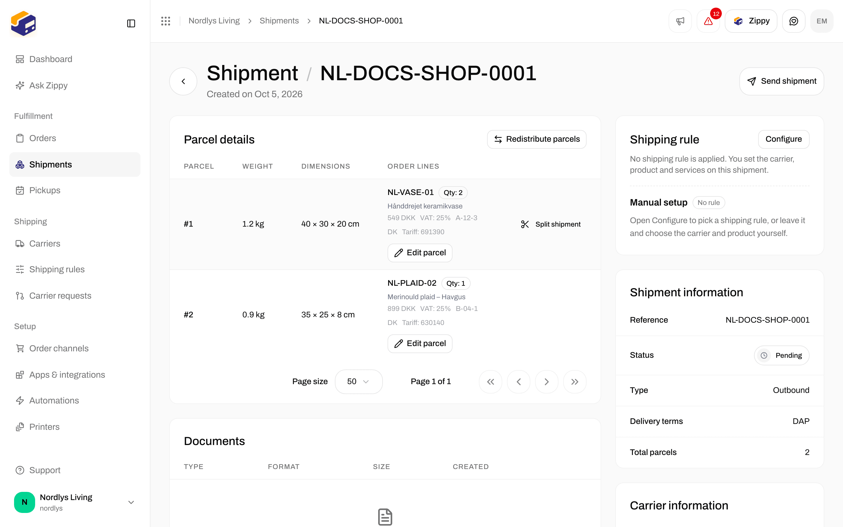 Parcel details with two parcels, Split shipment, Redistribute parcels and Edit parcel