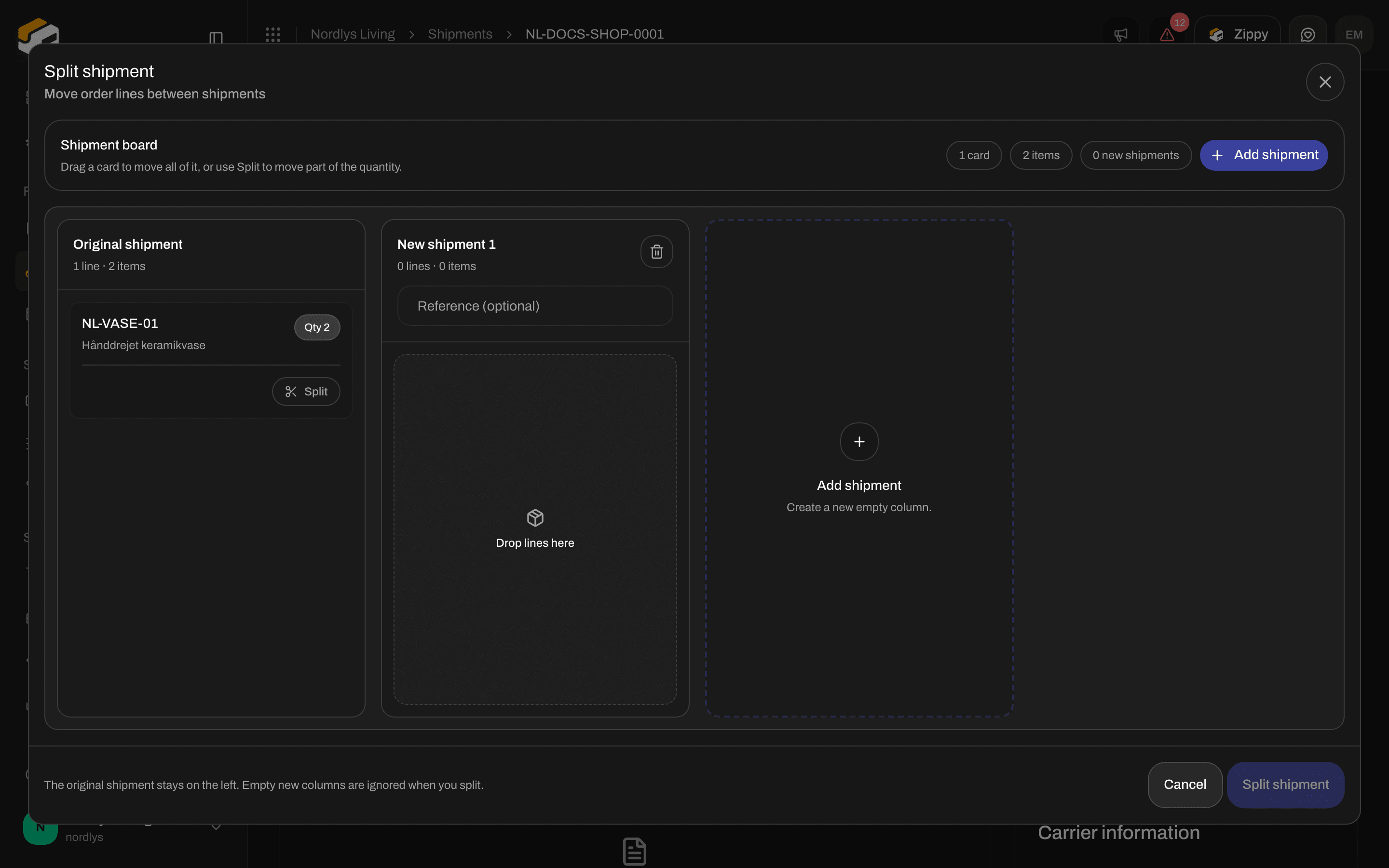Split shipment window with original and new shipment columns