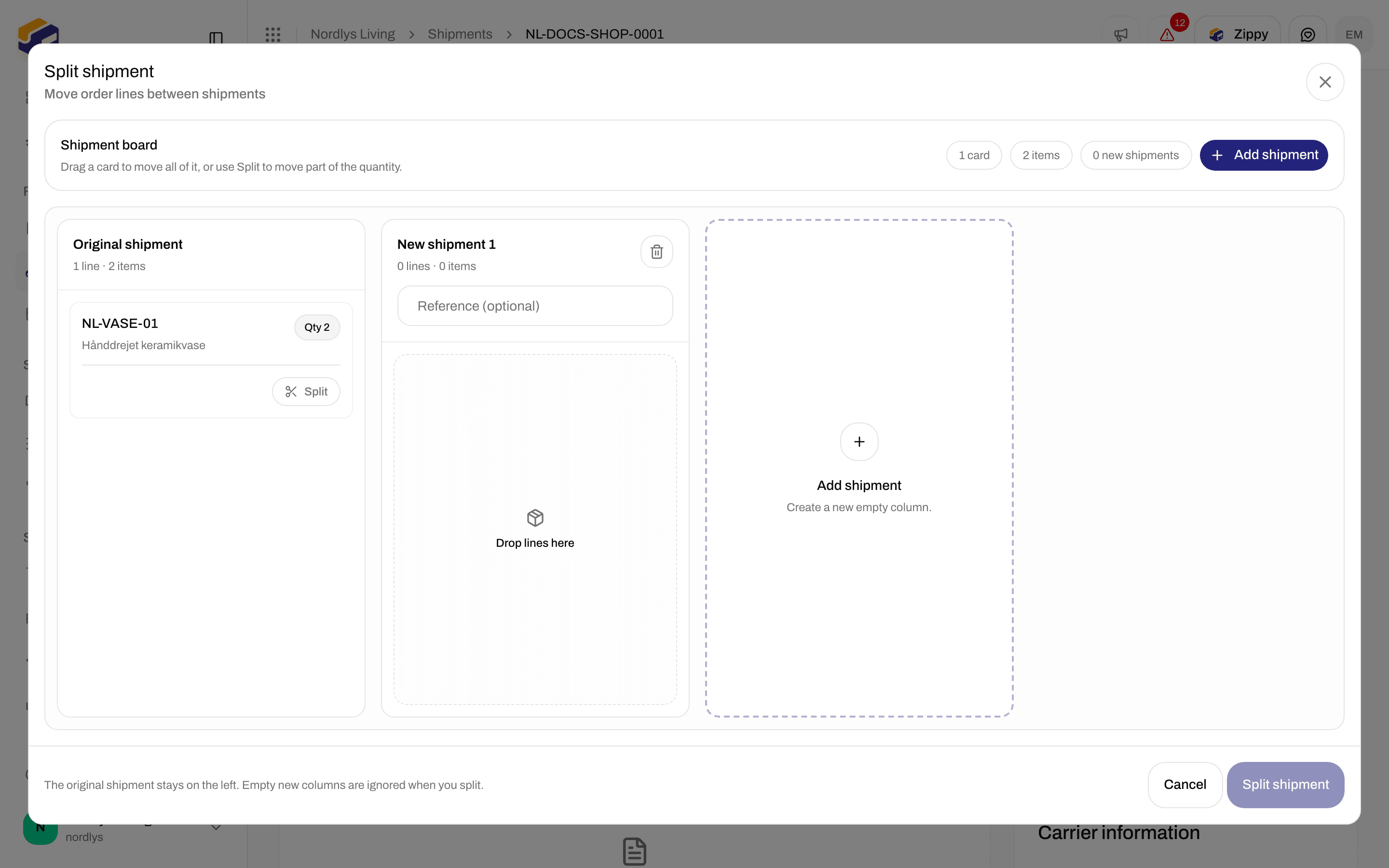 Split shipment window with original and new shipment columns