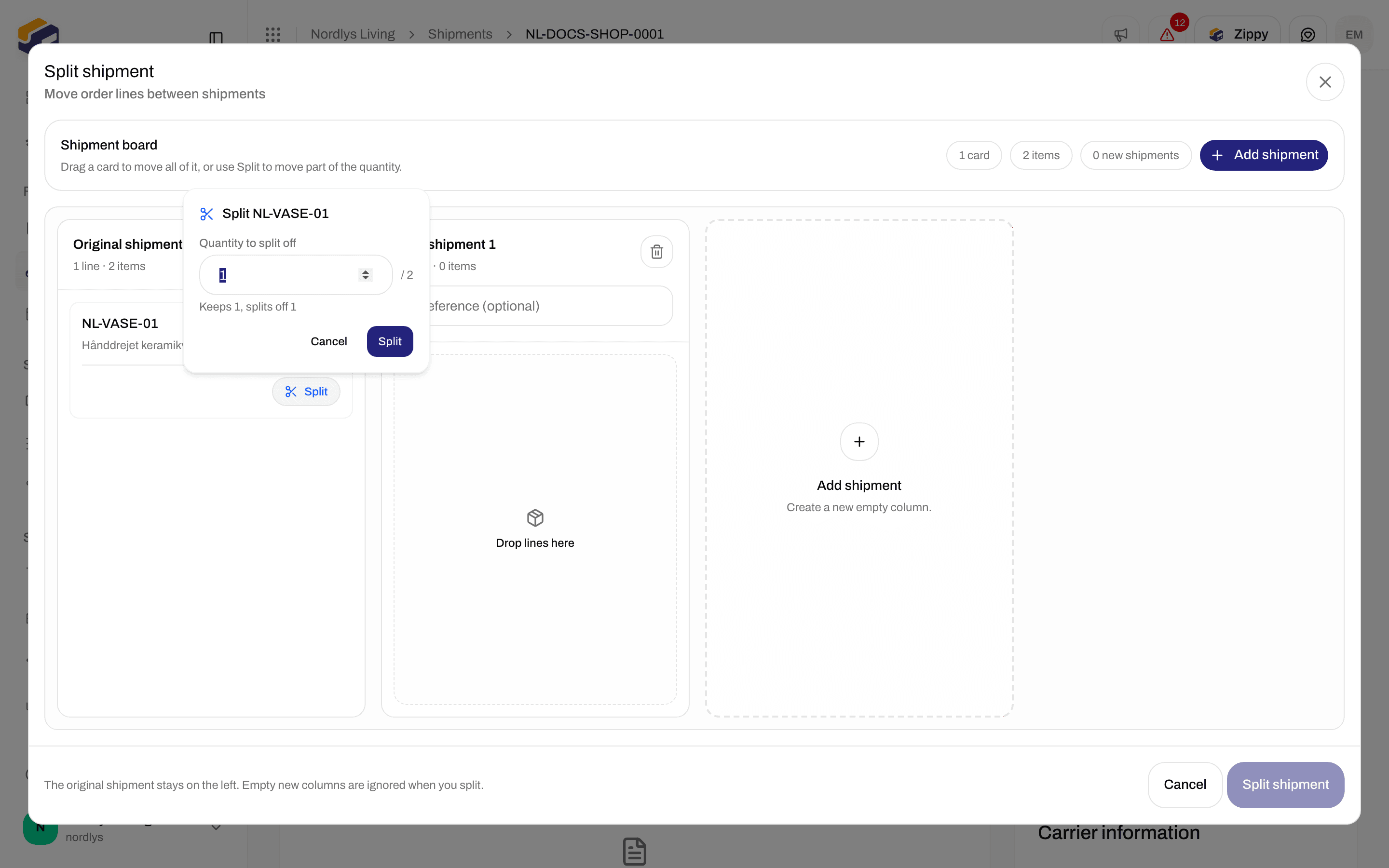 Split quantity box on an order line with a quantity above one