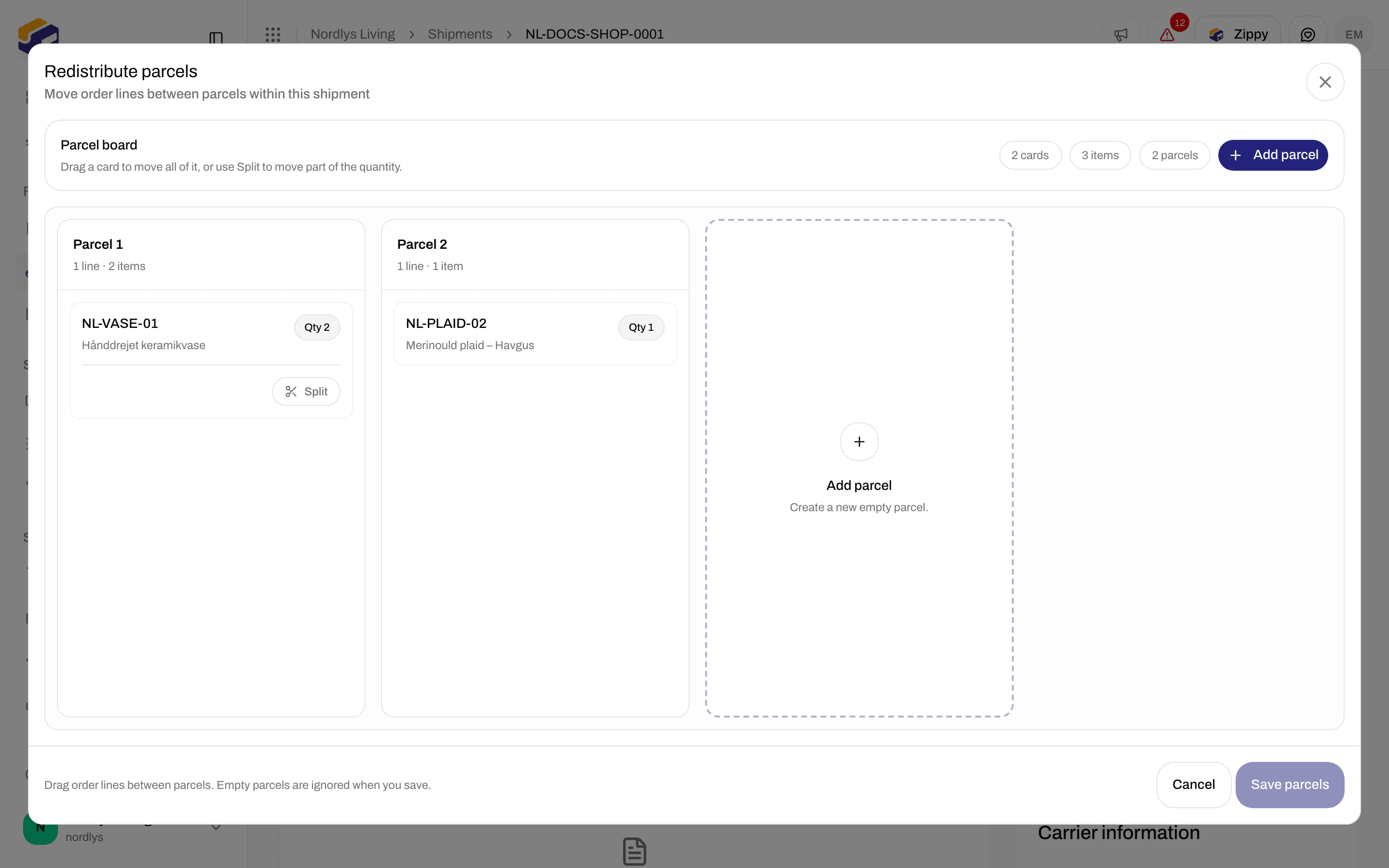 Redistribute parcels window with parcel columns and order line cards