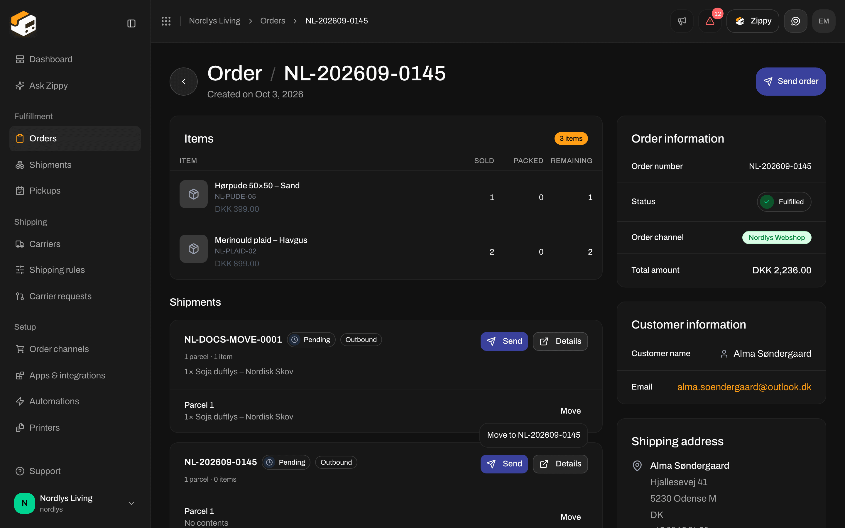 Order shipment card with the Move list showing another shipment reference