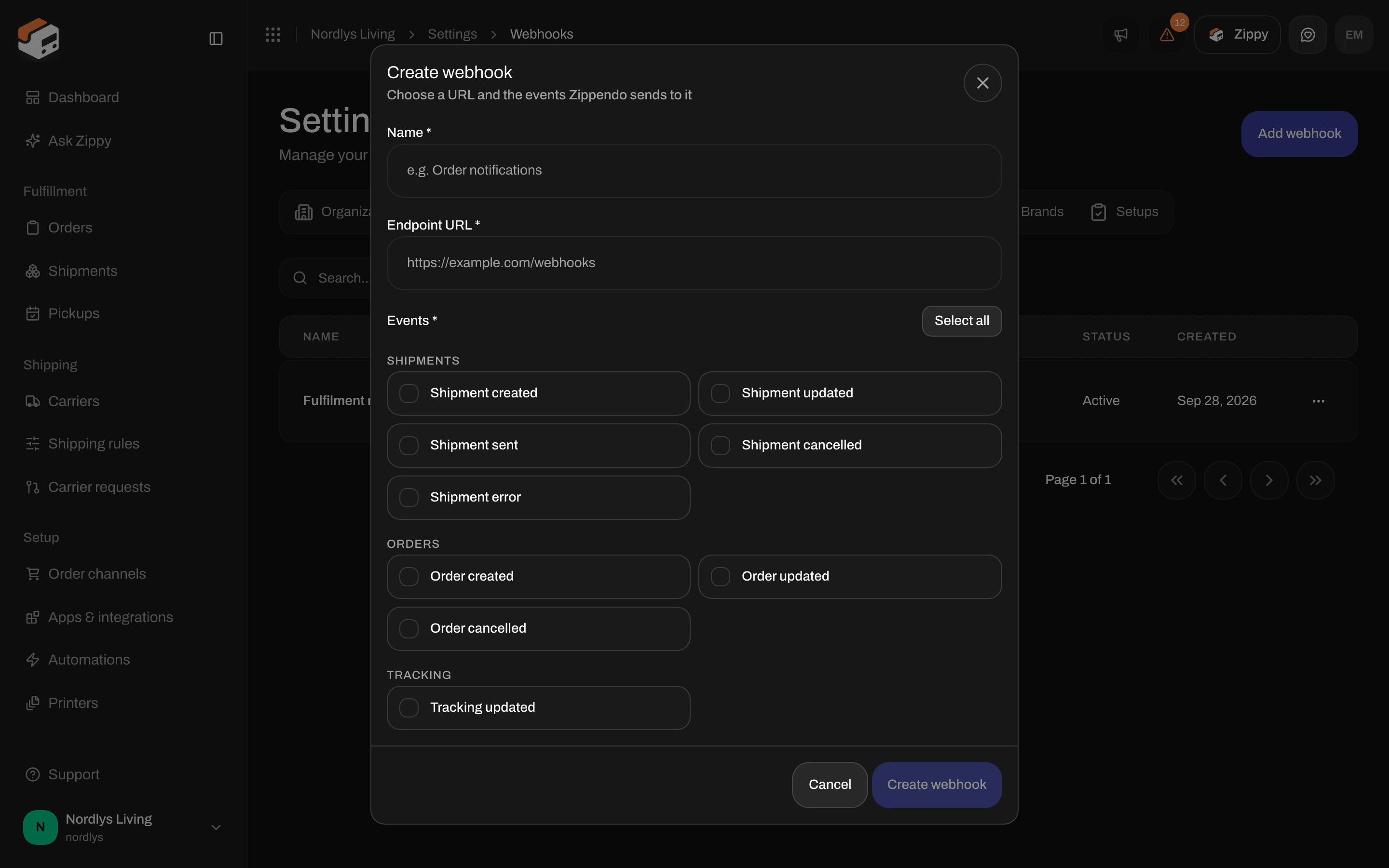 Create webhook window scrolled to the Tracking group with the Tracking updated event