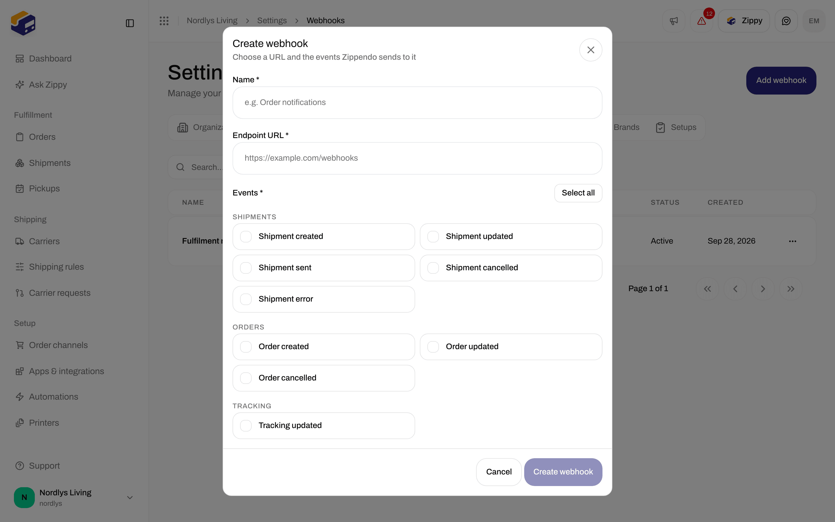 Create webhook window scrolled to the Tracking group with the Tracking updated event