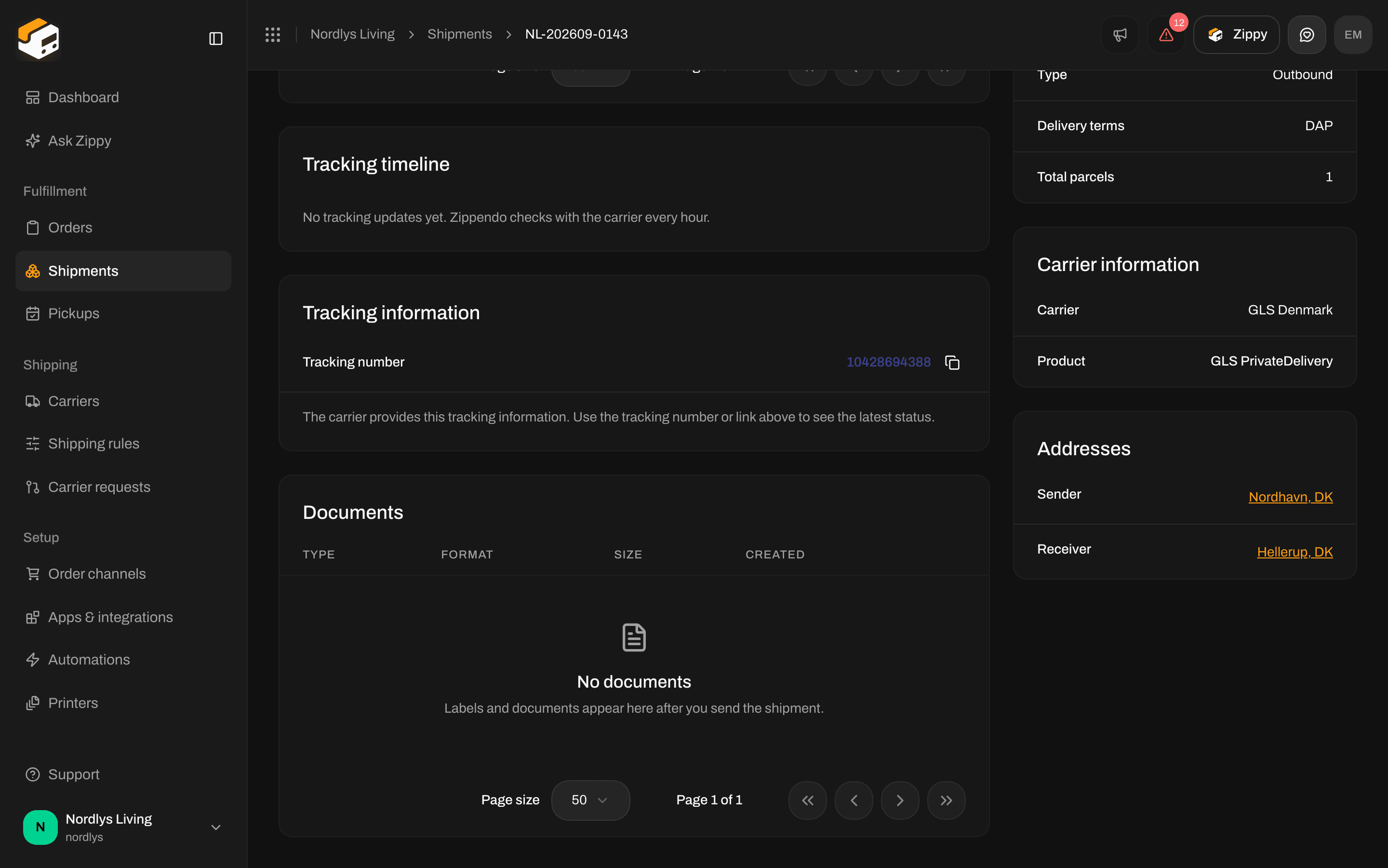 Tracking timeline card saying there are no tracking updates yet