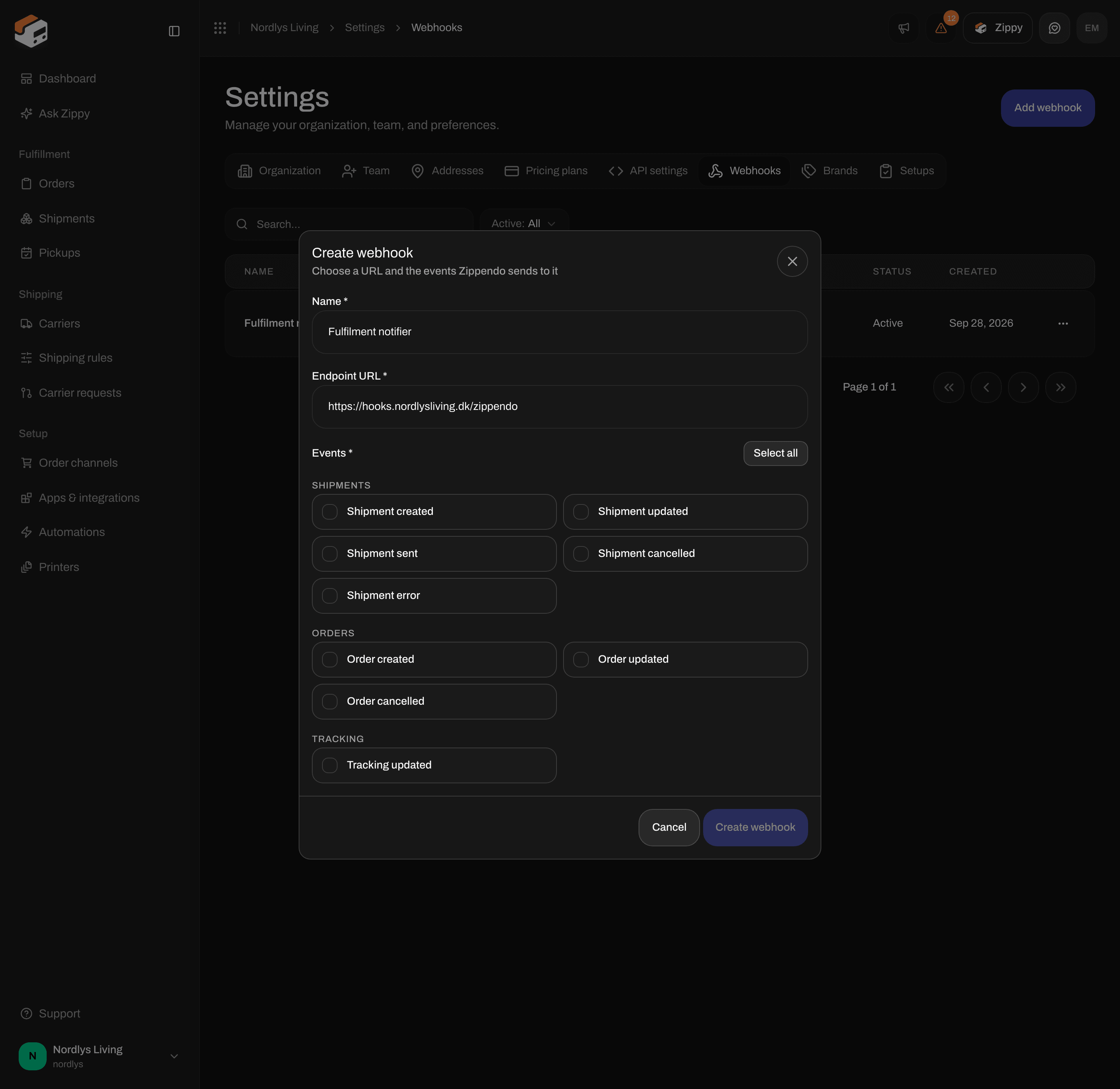 Create webhook window with Name, Endpoint URL, Select all and the shipment event checkboxes