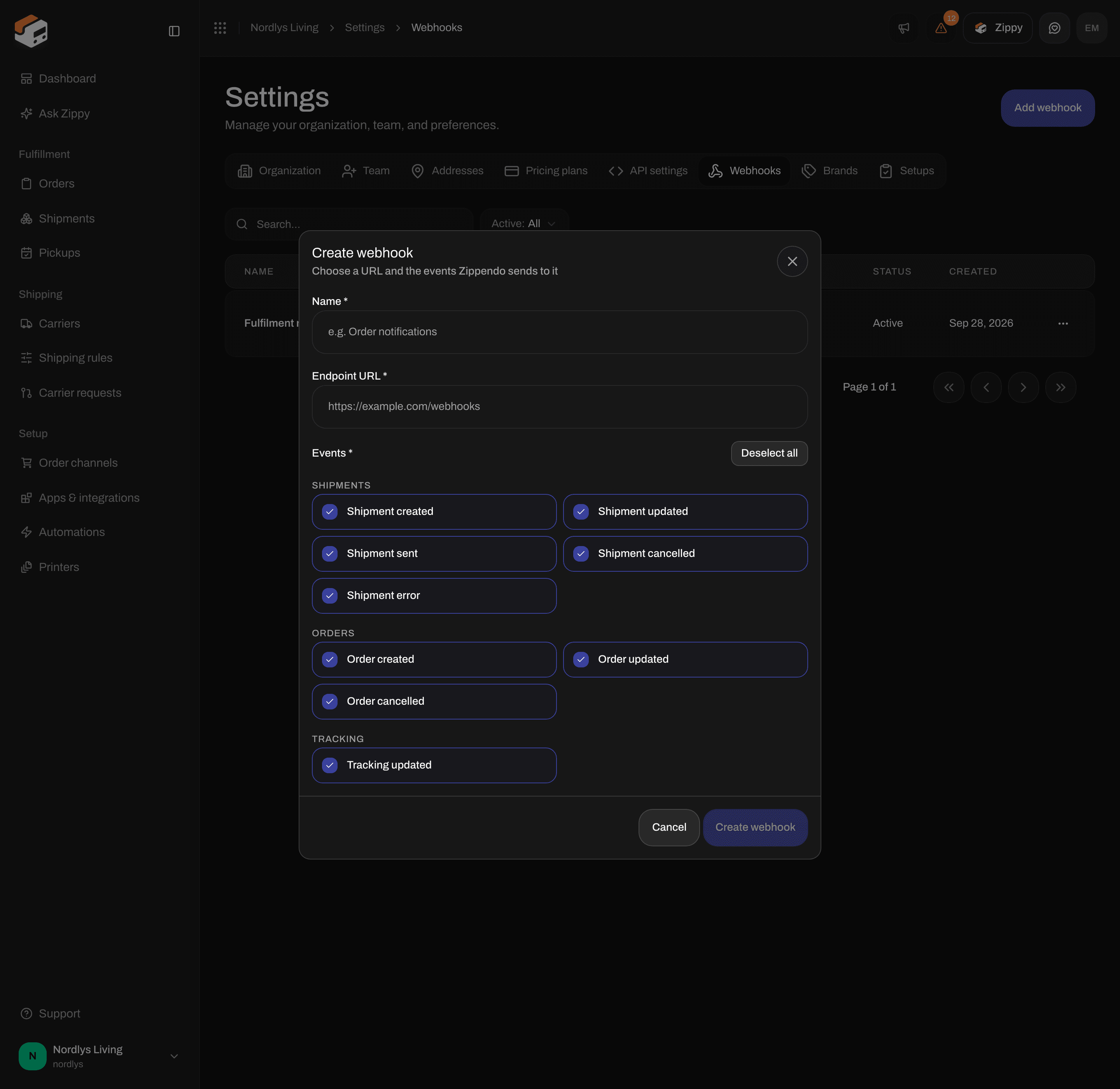 Create webhook window with all nine events ticked, including Tracking updated