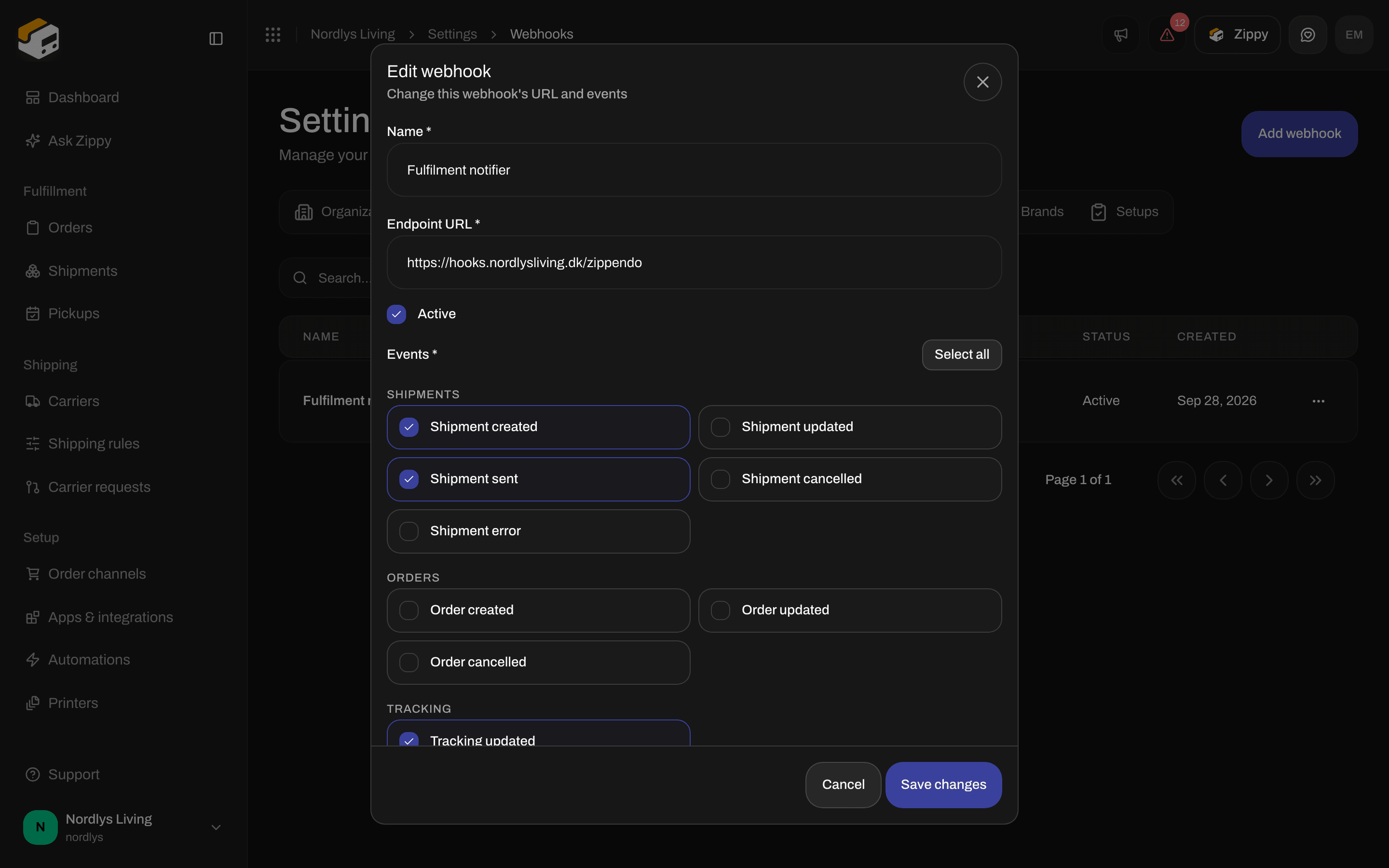 Edit webhook window with Name, Endpoint URL, an Active checkbox and the events