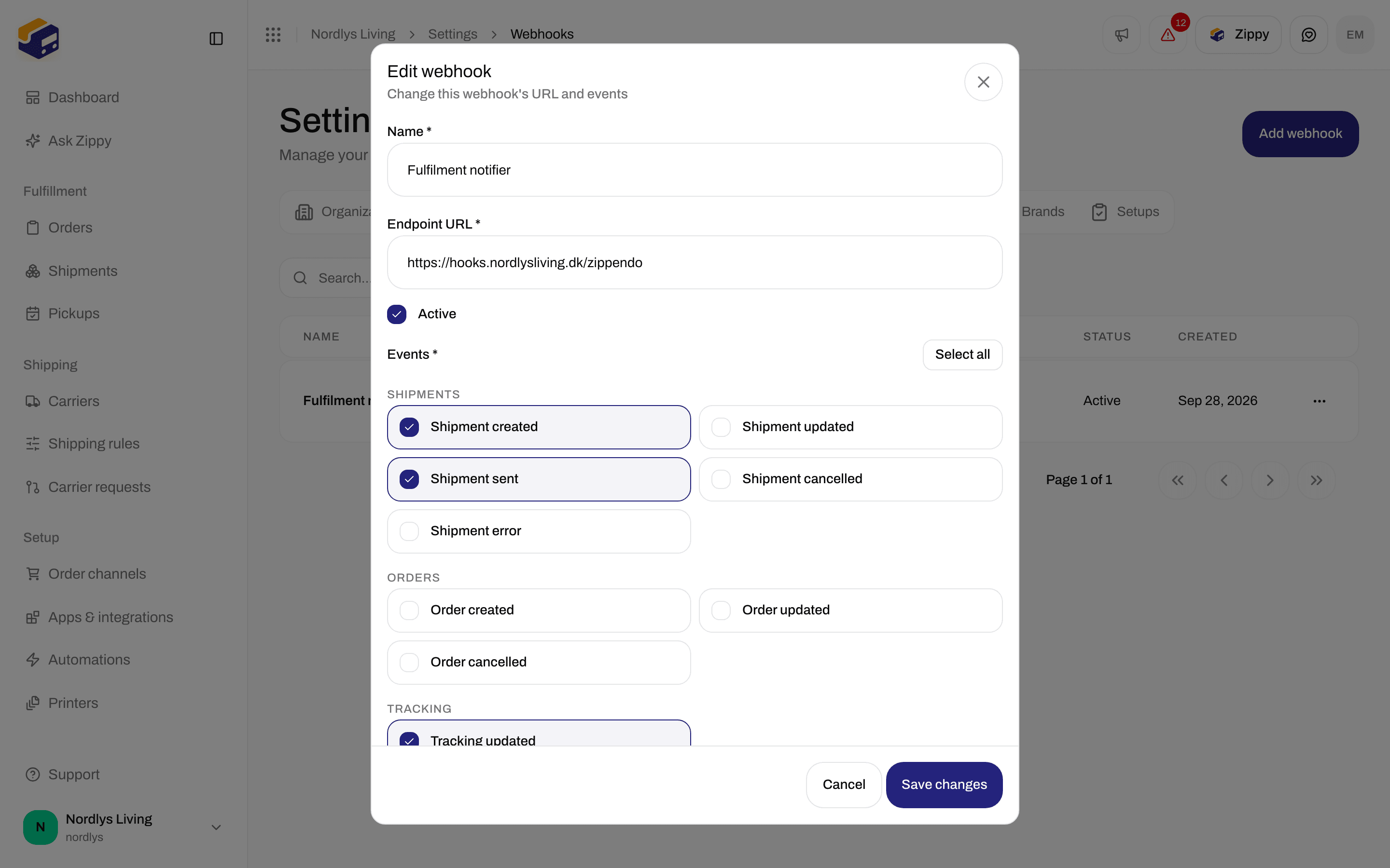 Edit webhook window with Name, Endpoint URL, an Active checkbox and the events