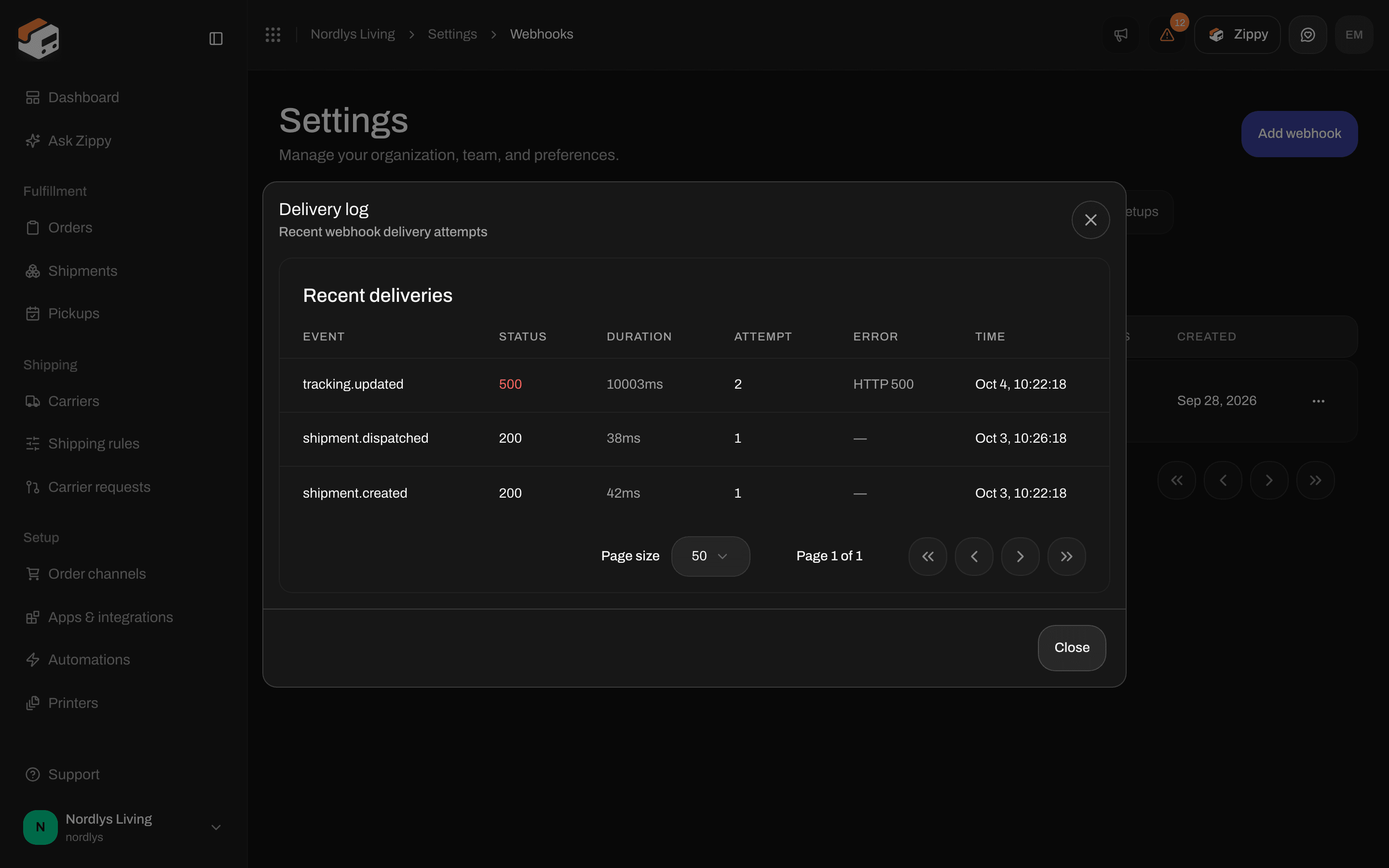 Delivery log with event names, response status, duration, attempt and time