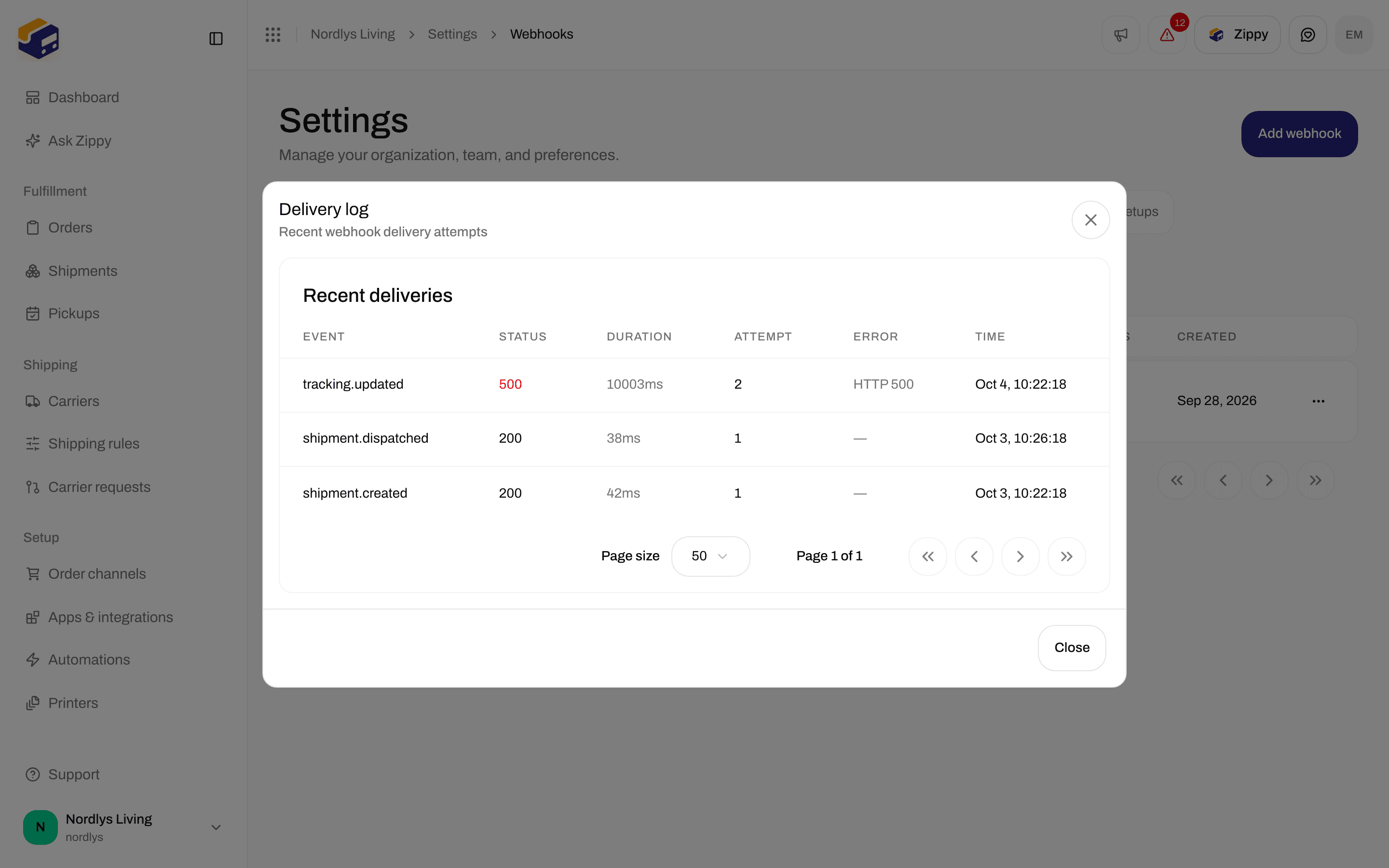 Delivery log with event names, response status, duration, attempt and time