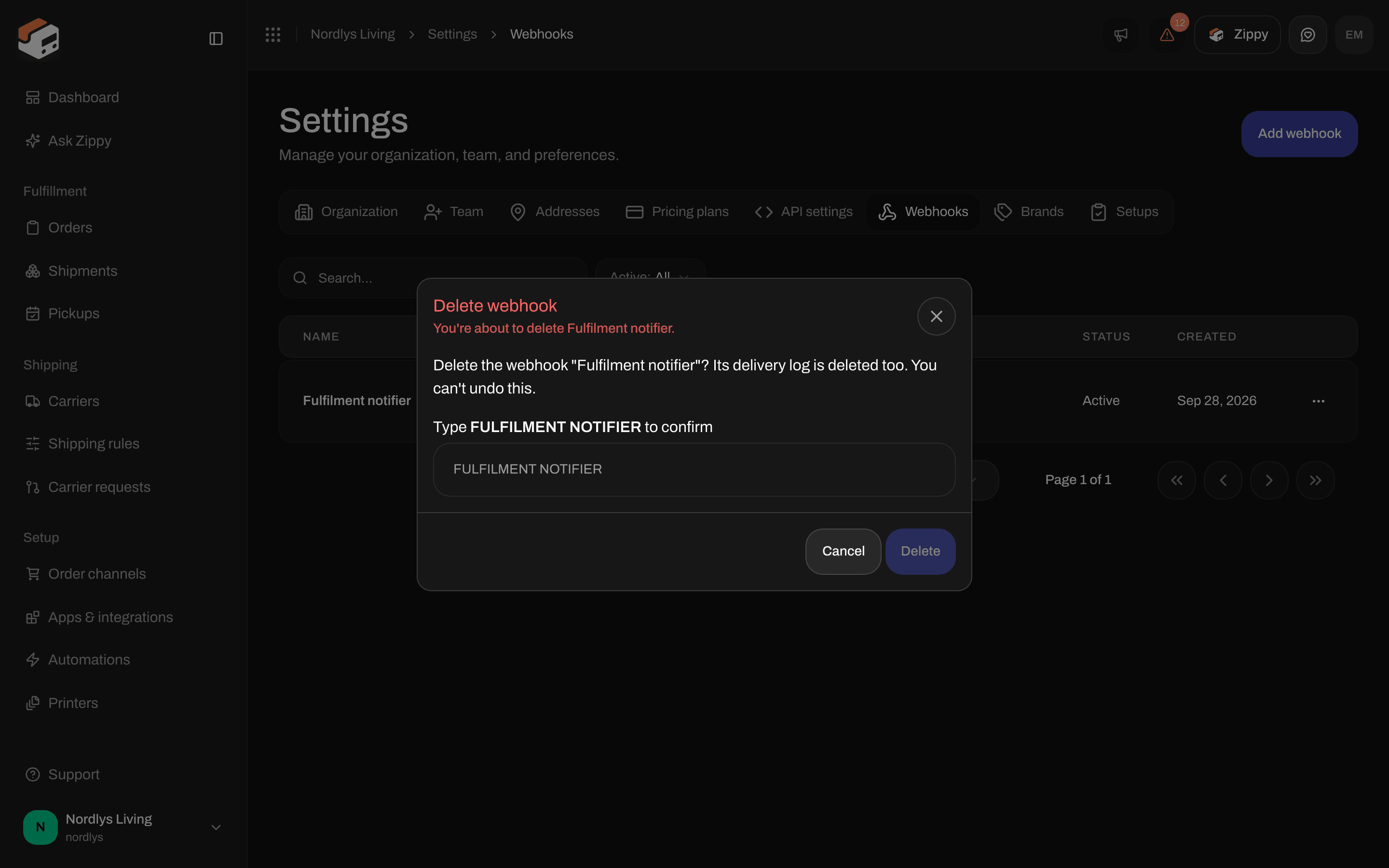 Delete webhook window with a field to type the name to confirm