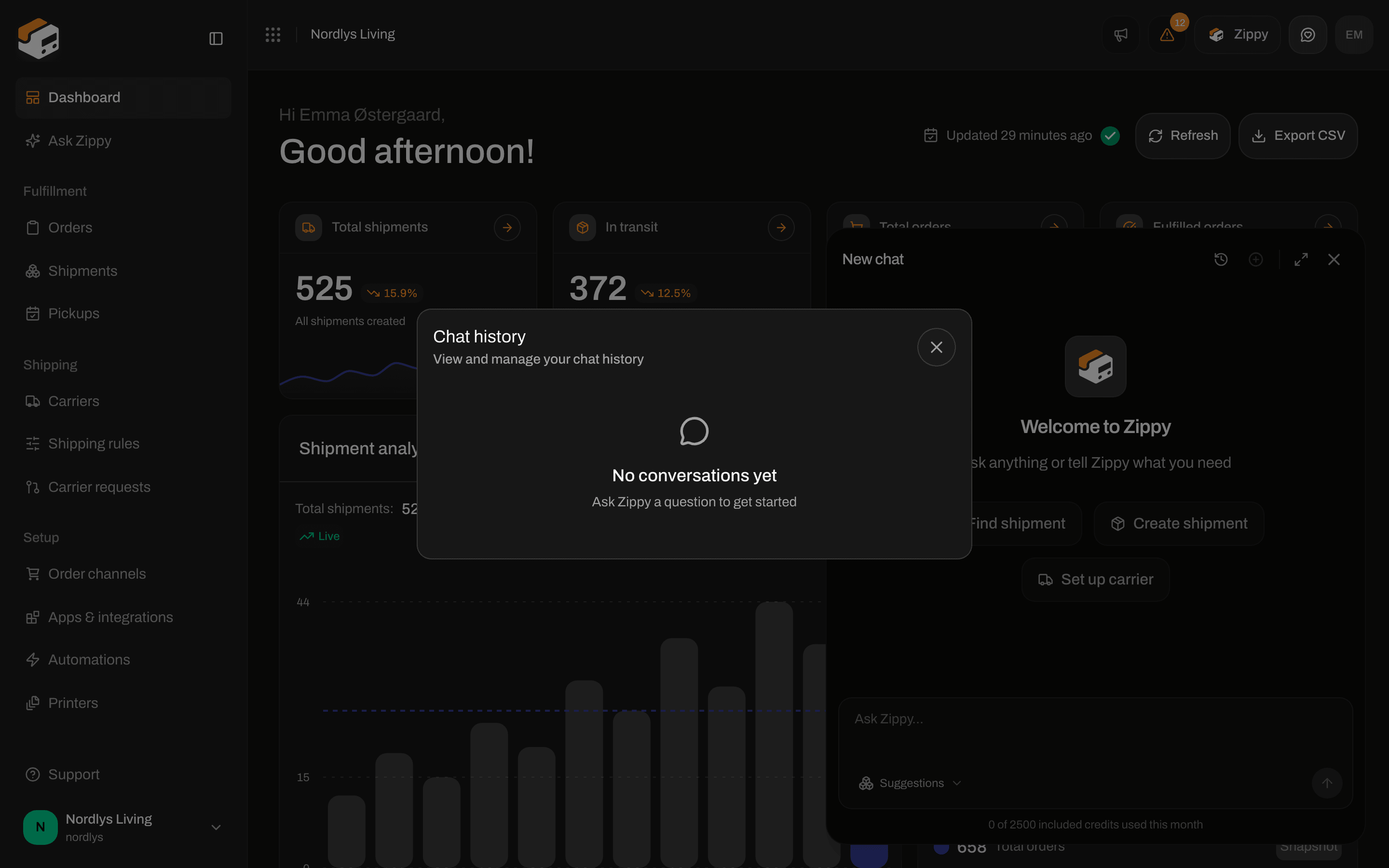 Chat history showing No conversations yet and Ask Zippy a question to get started