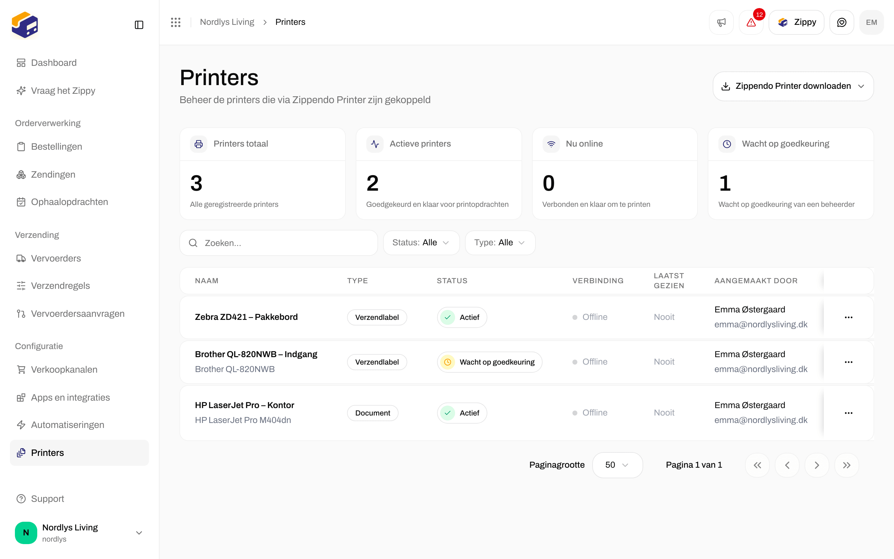 Pagina Printers met de vier tellervakken en een labelprinter die Actief en Offline is
