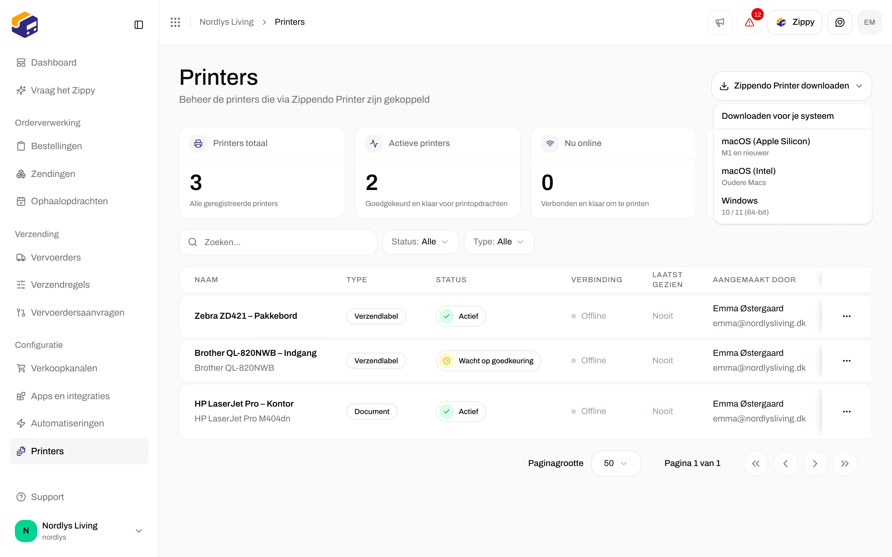 Downloadmenu op de pagina Printers met installatieprogramma's voor macOS Apple Silicon, macOS Intel en Windows