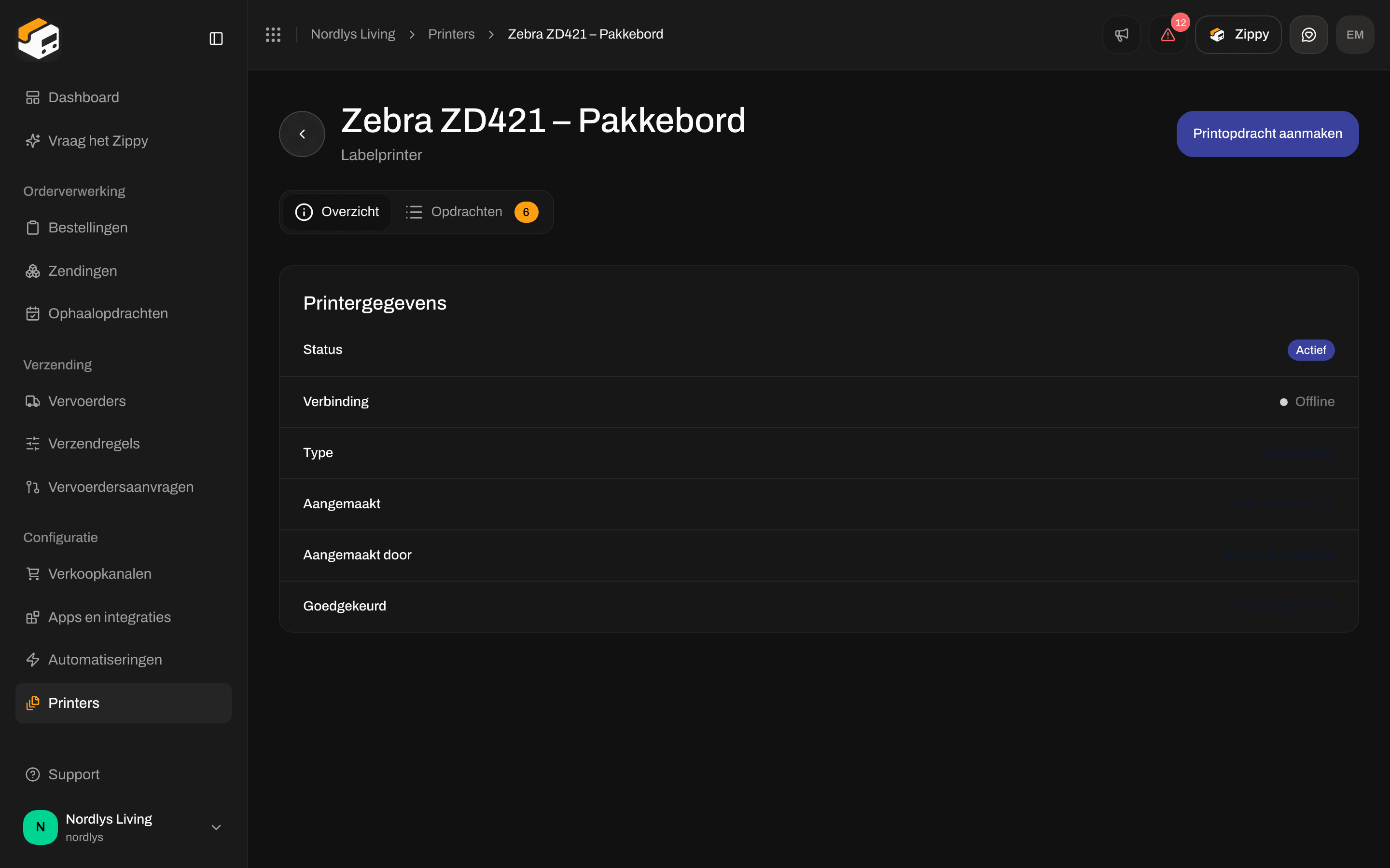 Tabblad Overzicht van de printerpagina met Printergegevens, status Actief en verbinding Offline