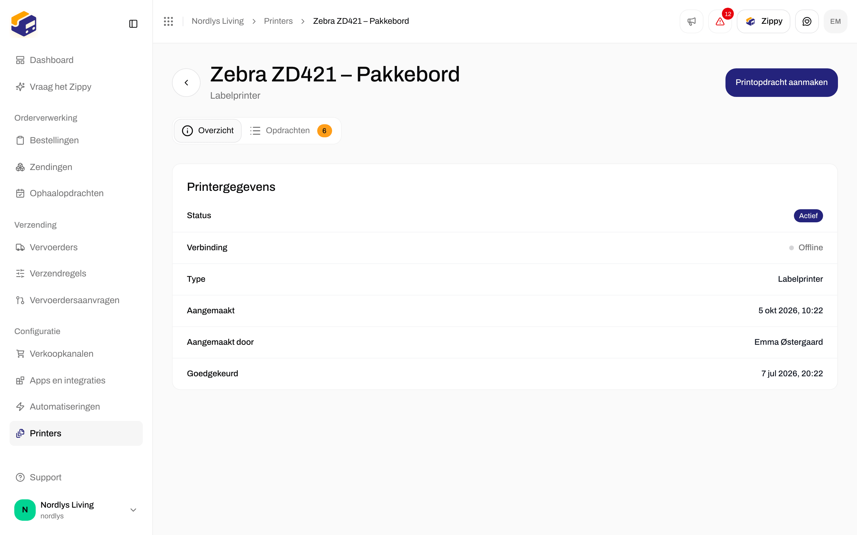 Tabblad Overzicht van de printerpagina met Printergegevens, status Actief en verbinding Offline