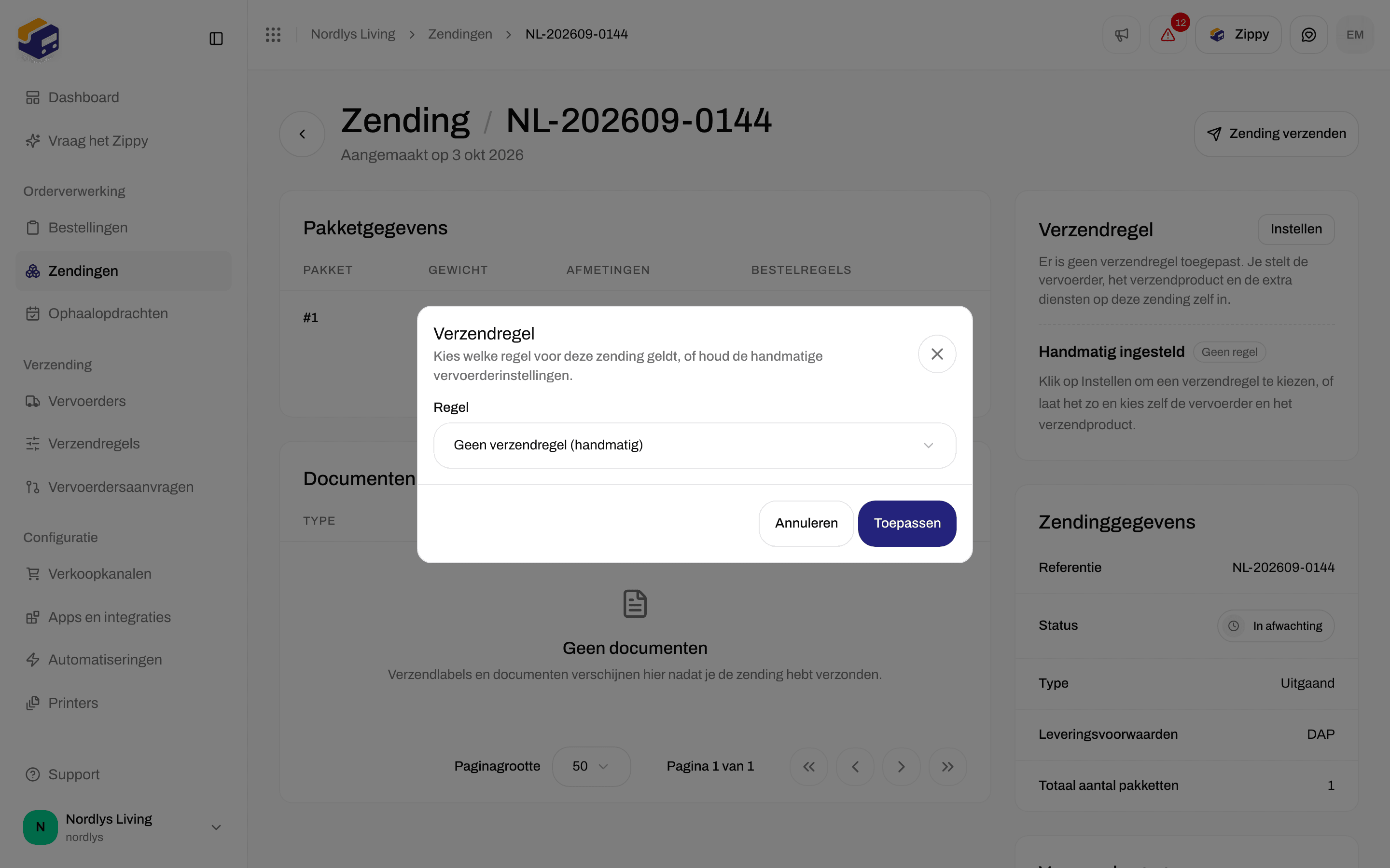 Venster Verzendregel van een zending met de lijst Regel en Toepassen