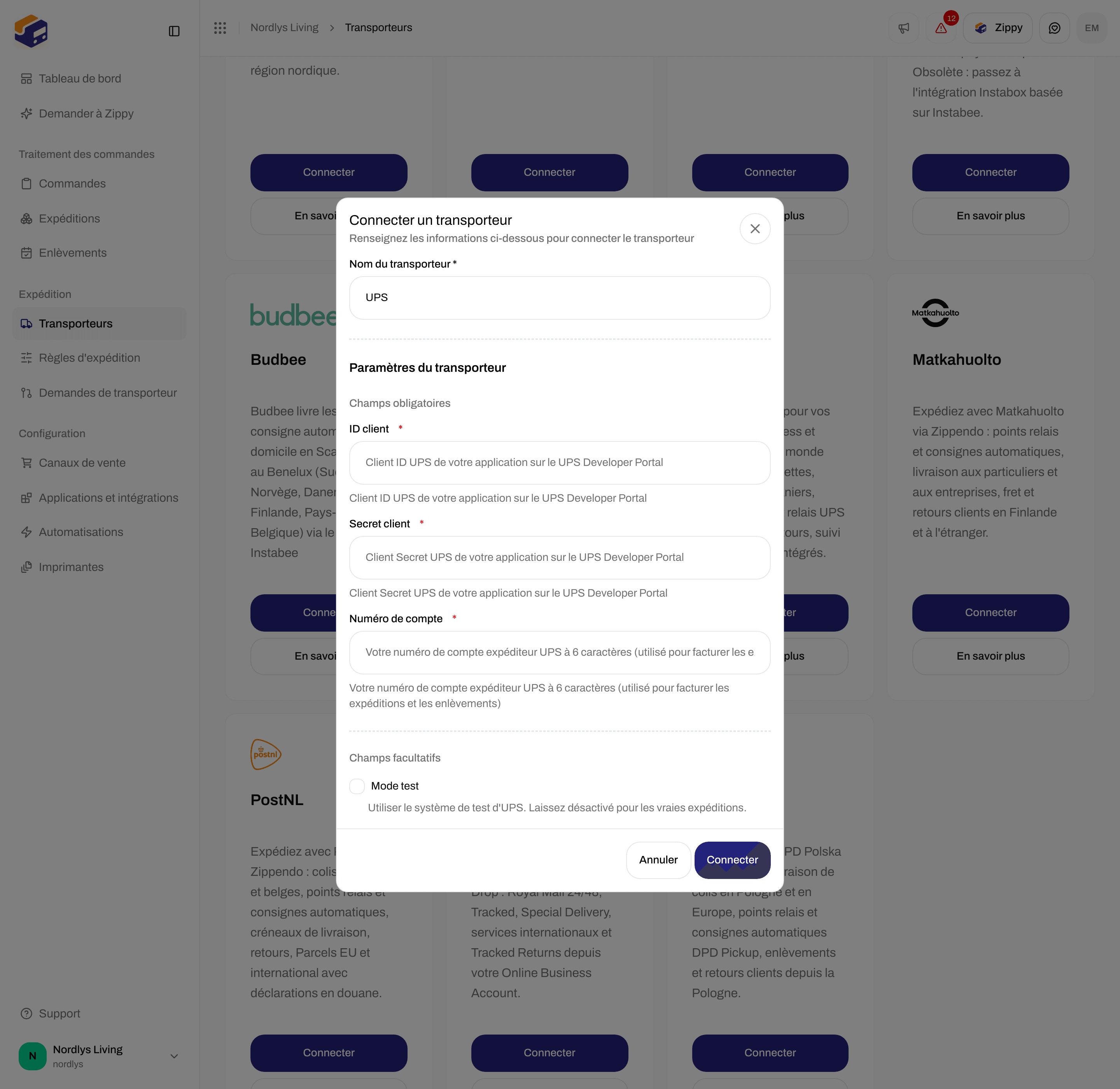 Connecter le transporteur UPS avec ID client, Secret client et Numéro de compte