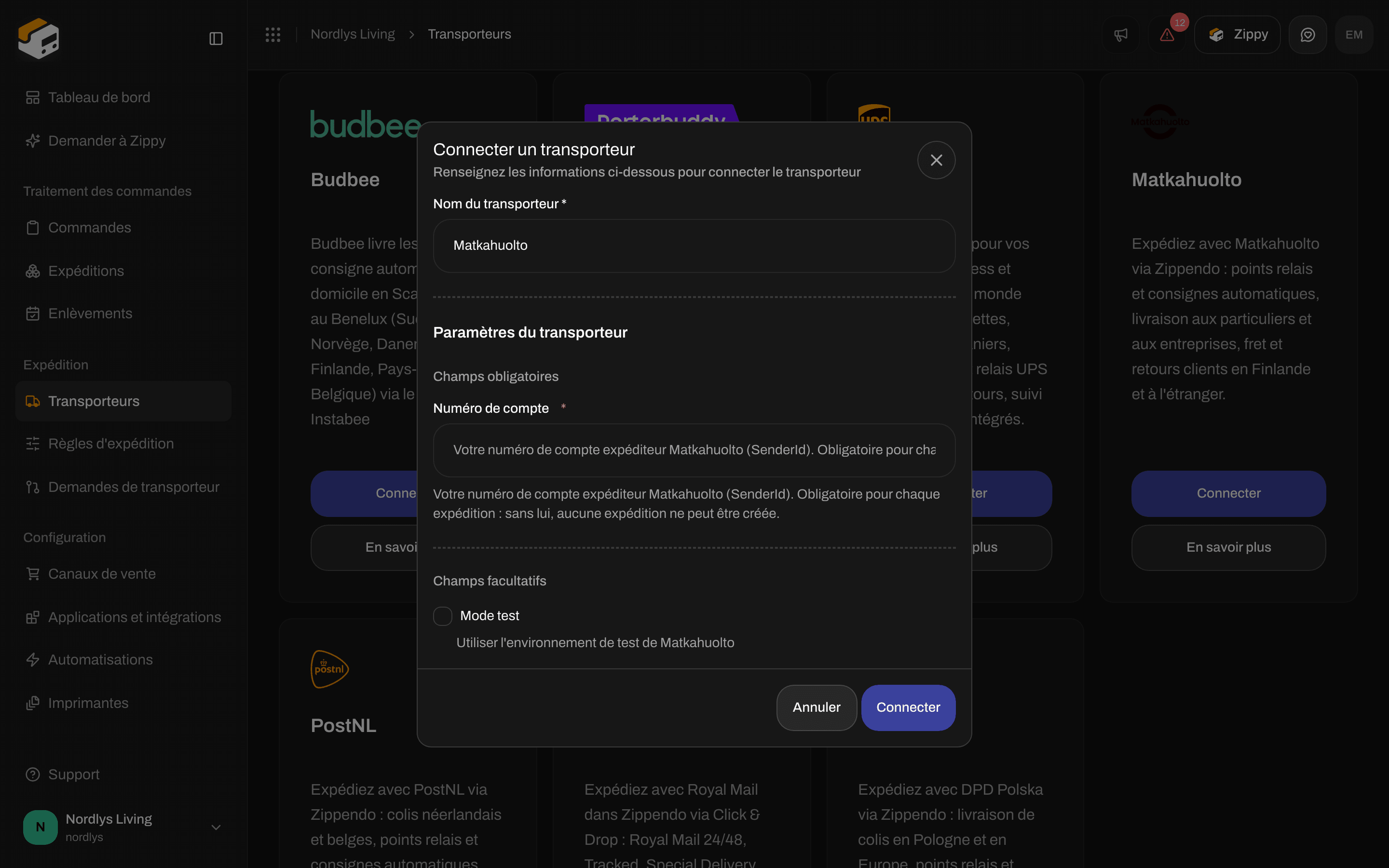 Connecter le transporteur Matkahuolto avec le Numéro de compte obligatoire