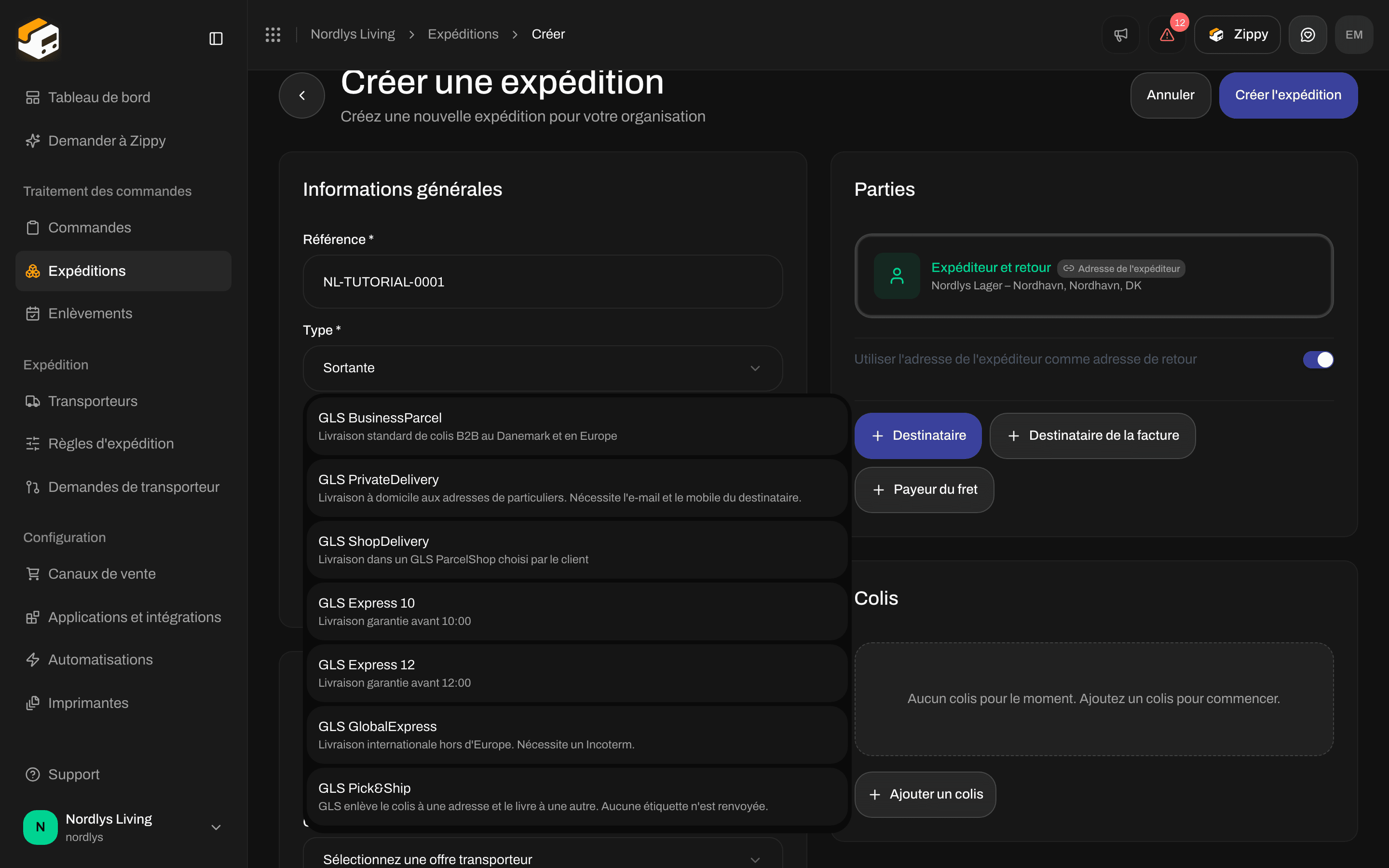 Carte Paramètres du transporteur avec GLS Denmark choisi et la liste Offre transporteur ouverte