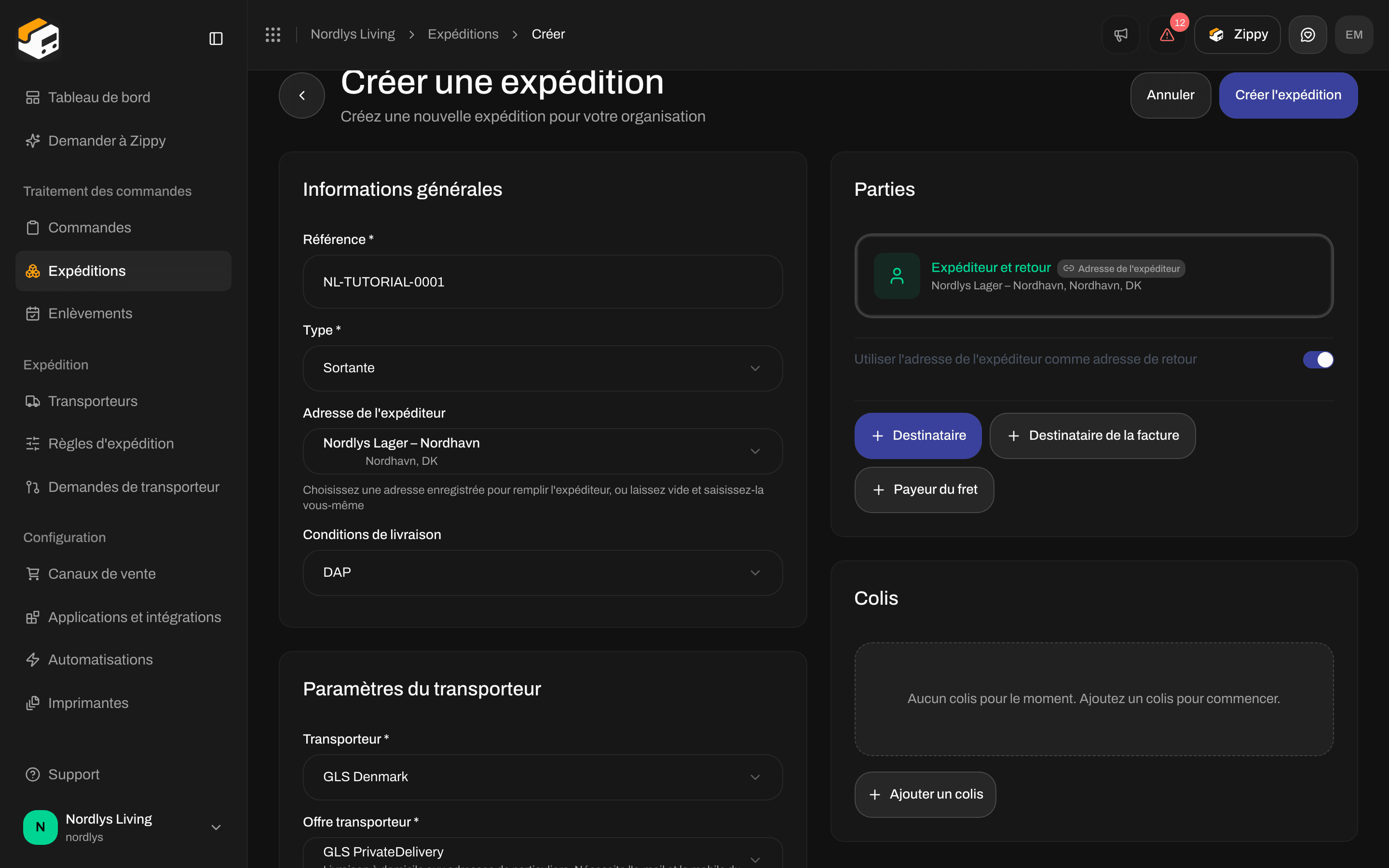 Carte Paramètres du transporteur avec GLS PrivateDelivery et trois services additionnels