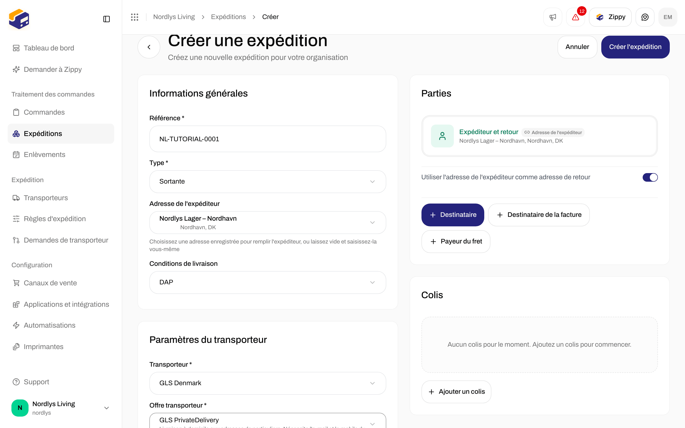 Carte Paramètres du transporteur avec GLS PrivateDelivery et trois services additionnels
