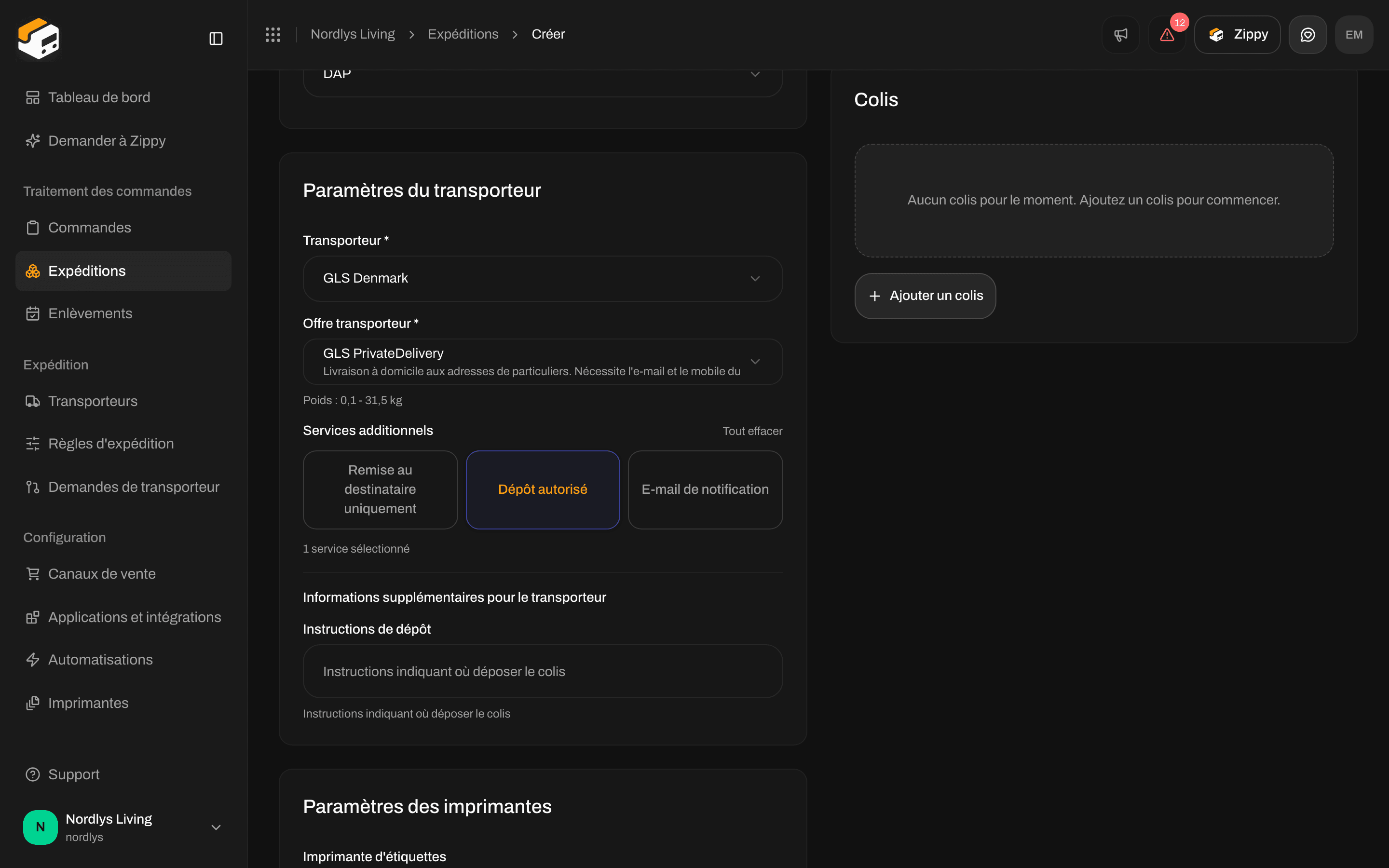 Informations supplémentaires pour le transporteur avec le champ Instructions de dépôt après l'activation de Dépôt autorisé