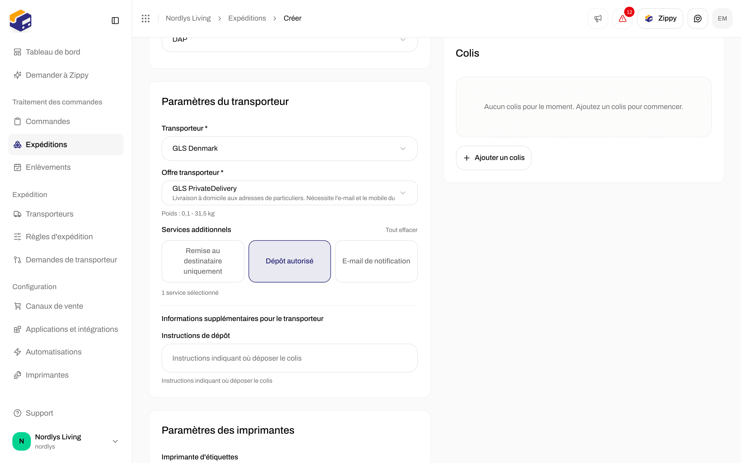 Informations supplémentaires pour le transporteur avec le champ Instructions de dépôt après l'activation de Dépôt autorisé