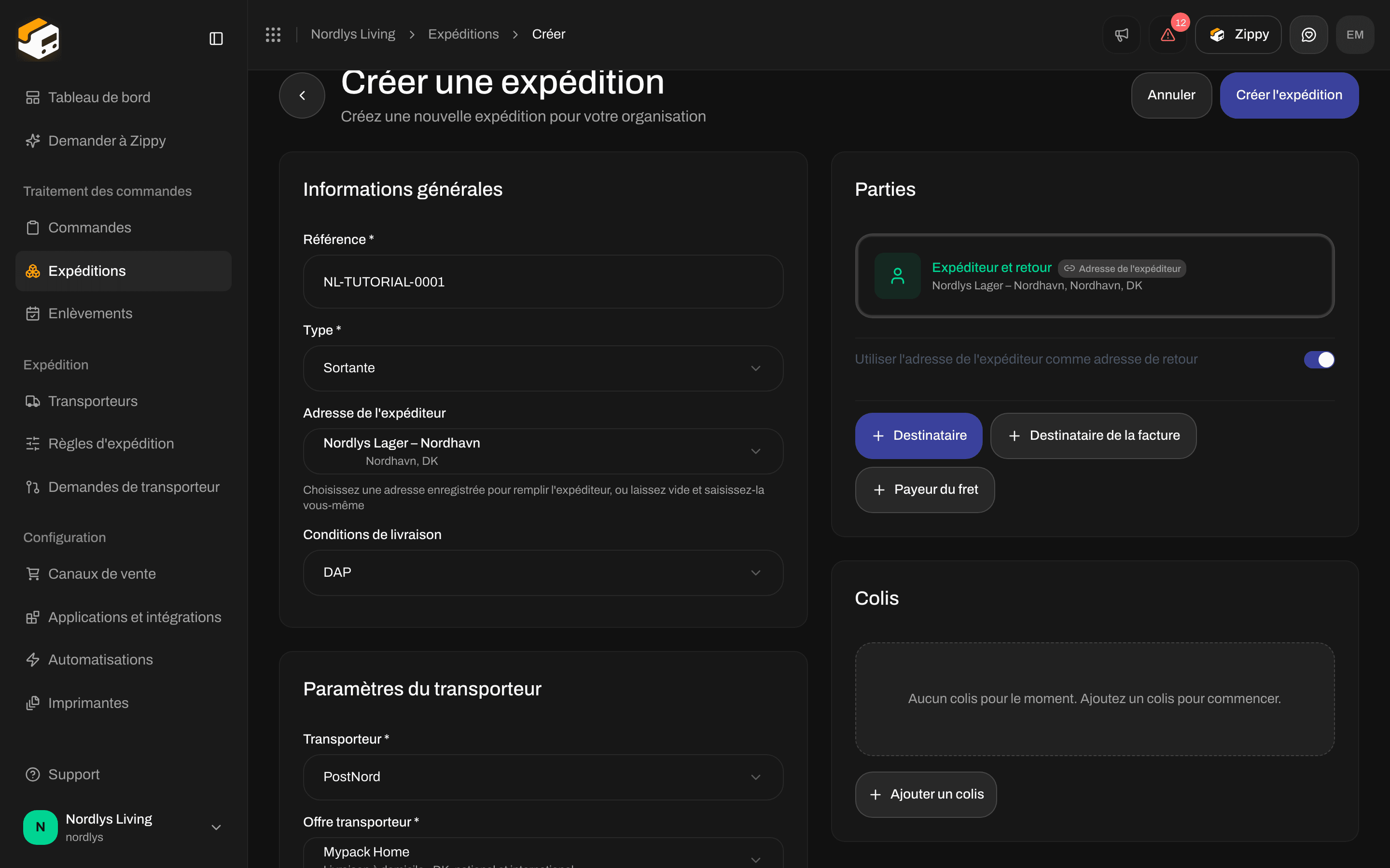 Carte Paramètres du transporteur avec PostNord Mypack Home, ses services additionnels et la zone de recherche