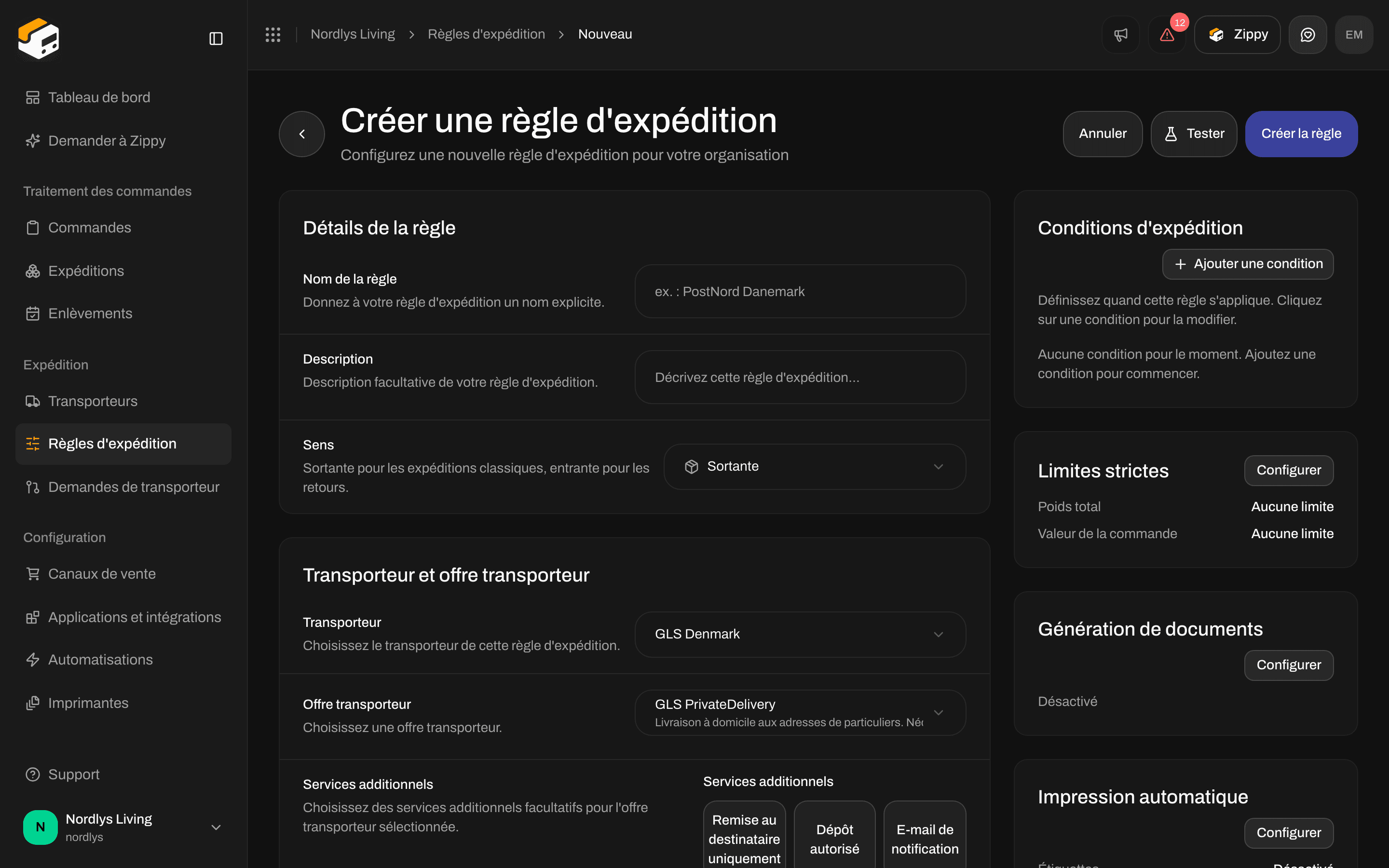 Formulaire Créer une règle d'expédition avec les champs Transporteur, Offre transporteur et Services additionnels