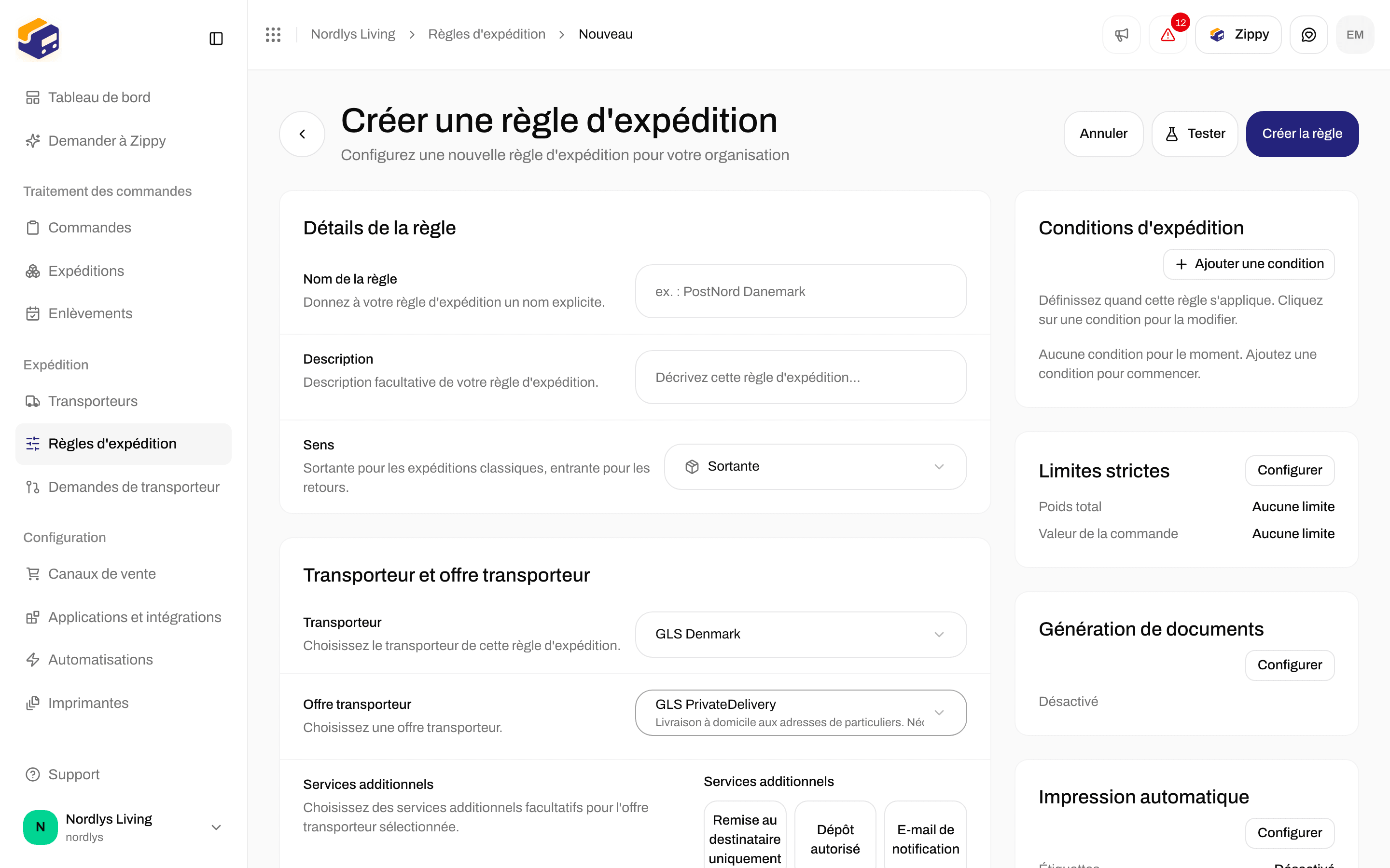 Formulaire Créer une règle d'expédition avec les champs Transporteur, Offre transporteur et Services additionnels