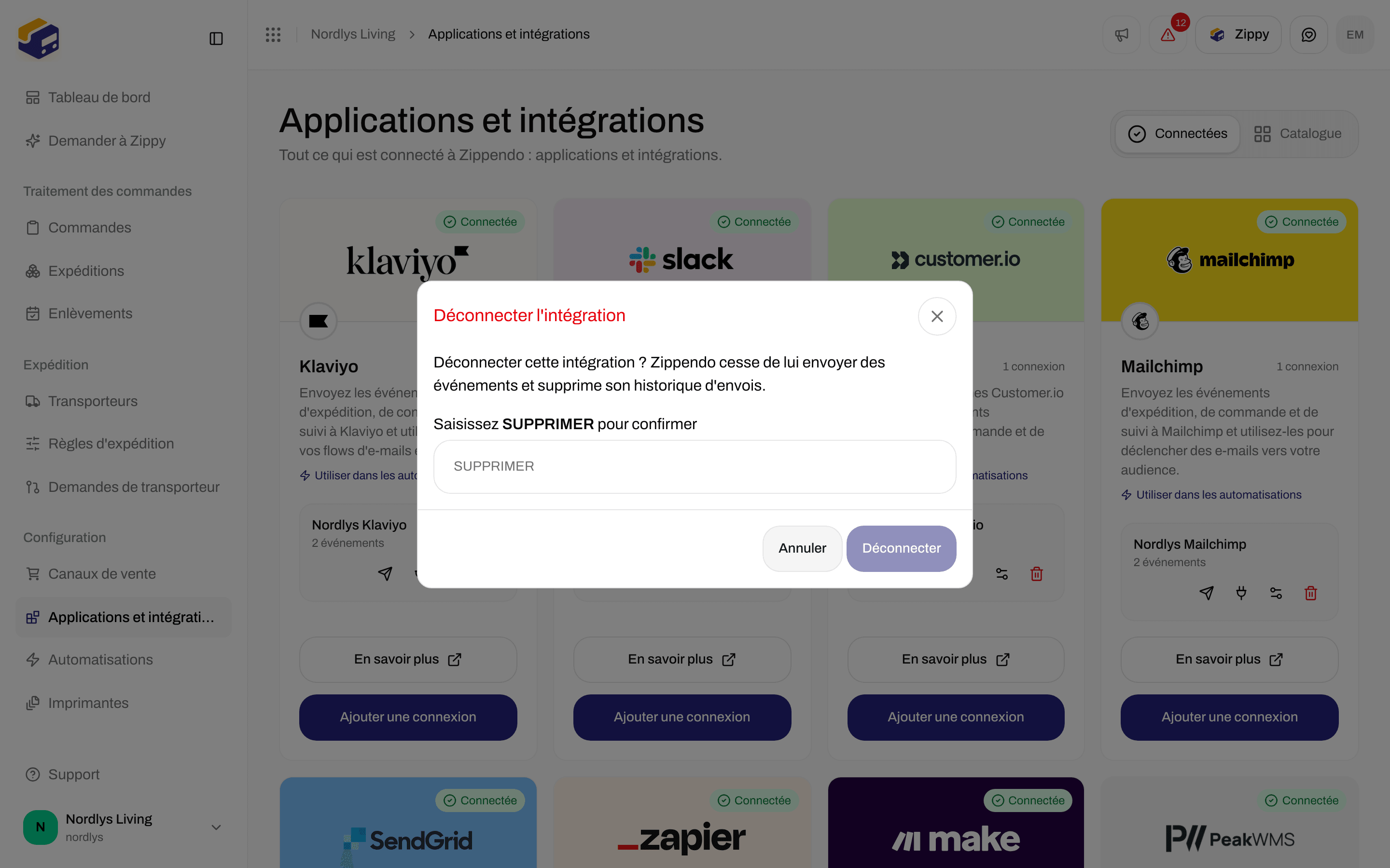 Fenêtre Déconnecter l'intégration demandant de saisir DELETE