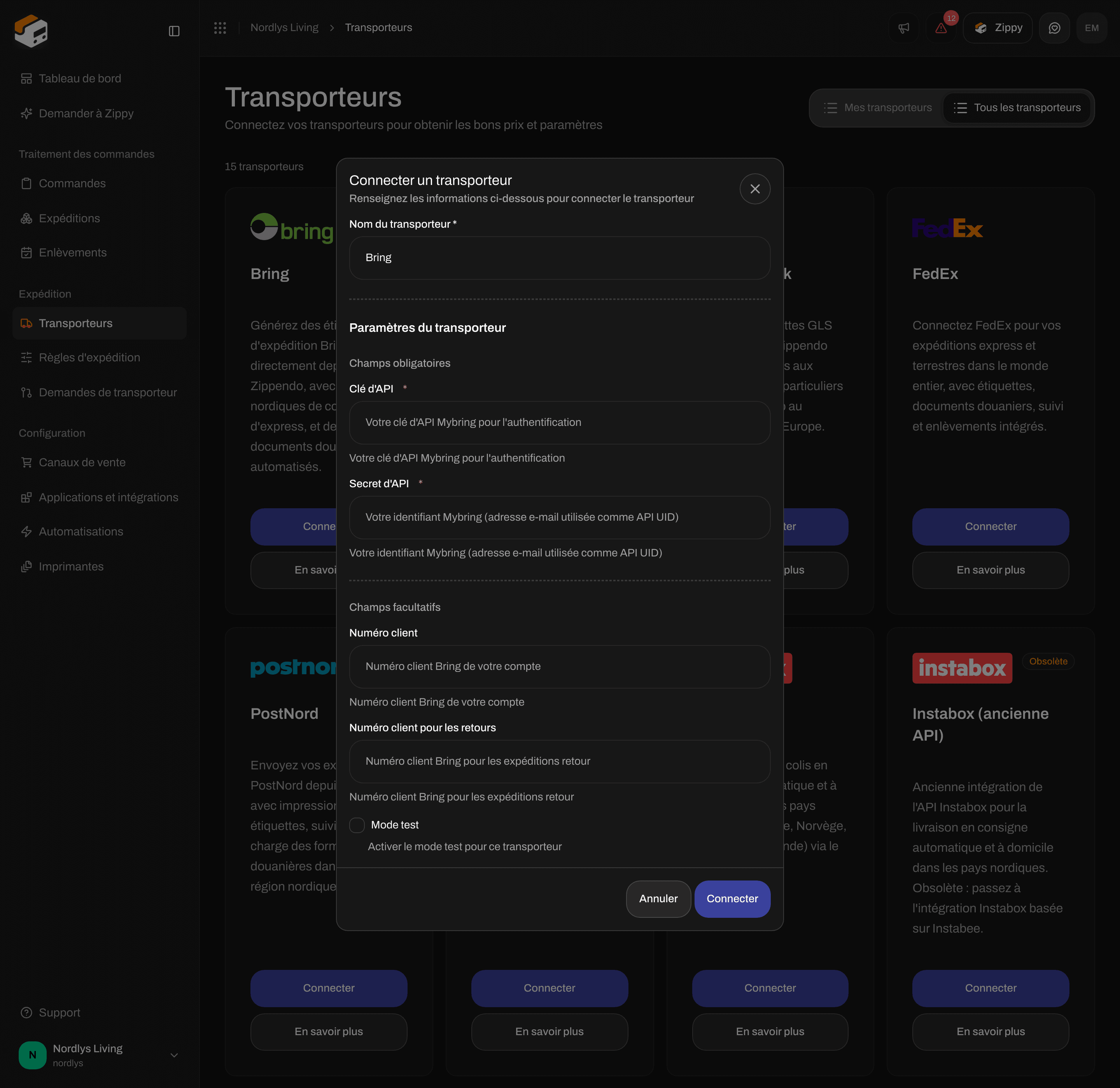 Formulaire de connexion Bring défilé jusqu'aux Champs facultatifs avec Numéro client, Numéro client pour les retours et Mode test