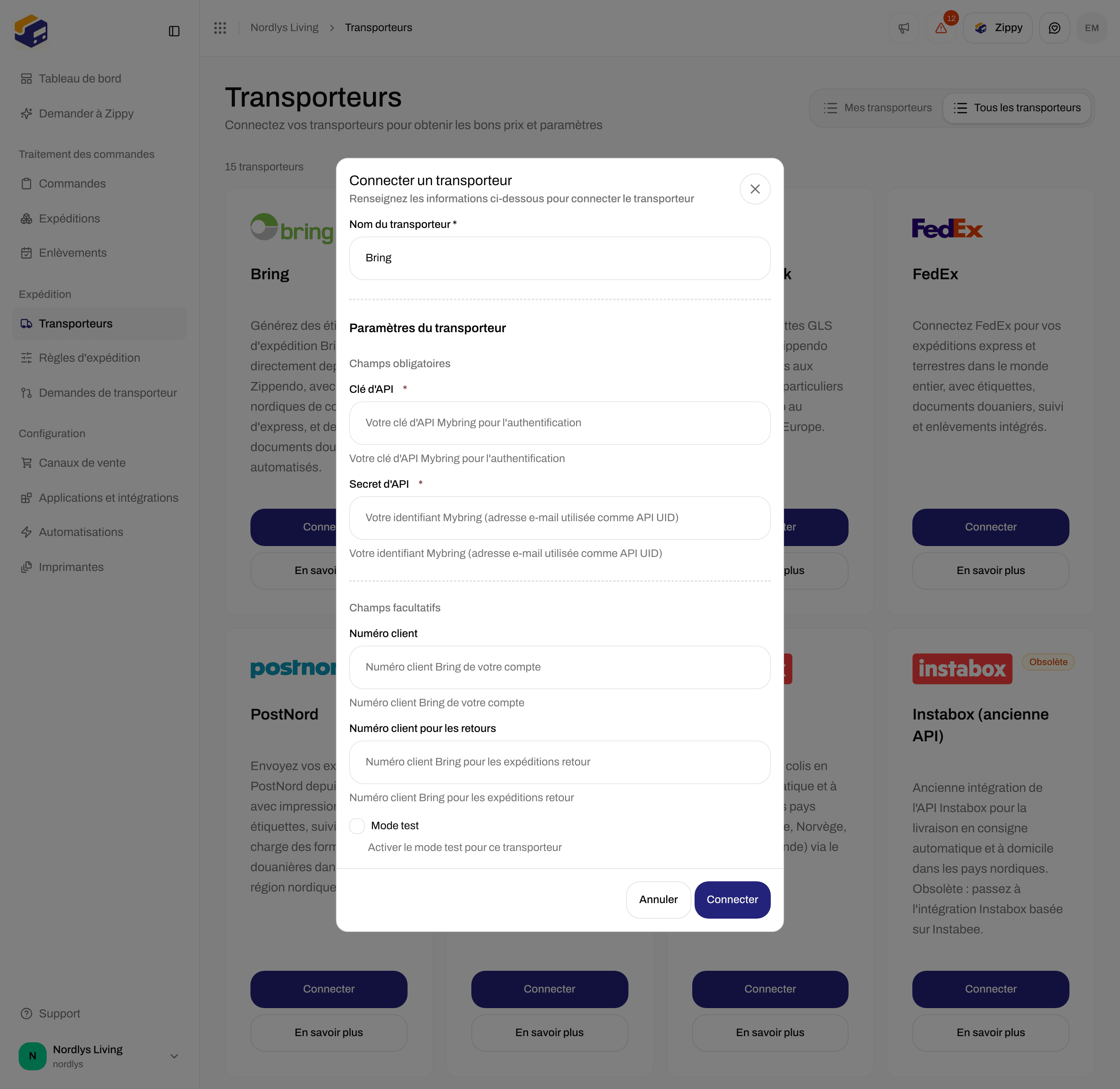 Formulaire de connexion Bring défilé jusqu'aux Champs facultatifs avec Numéro client, Numéro client pour les retours et Mode test