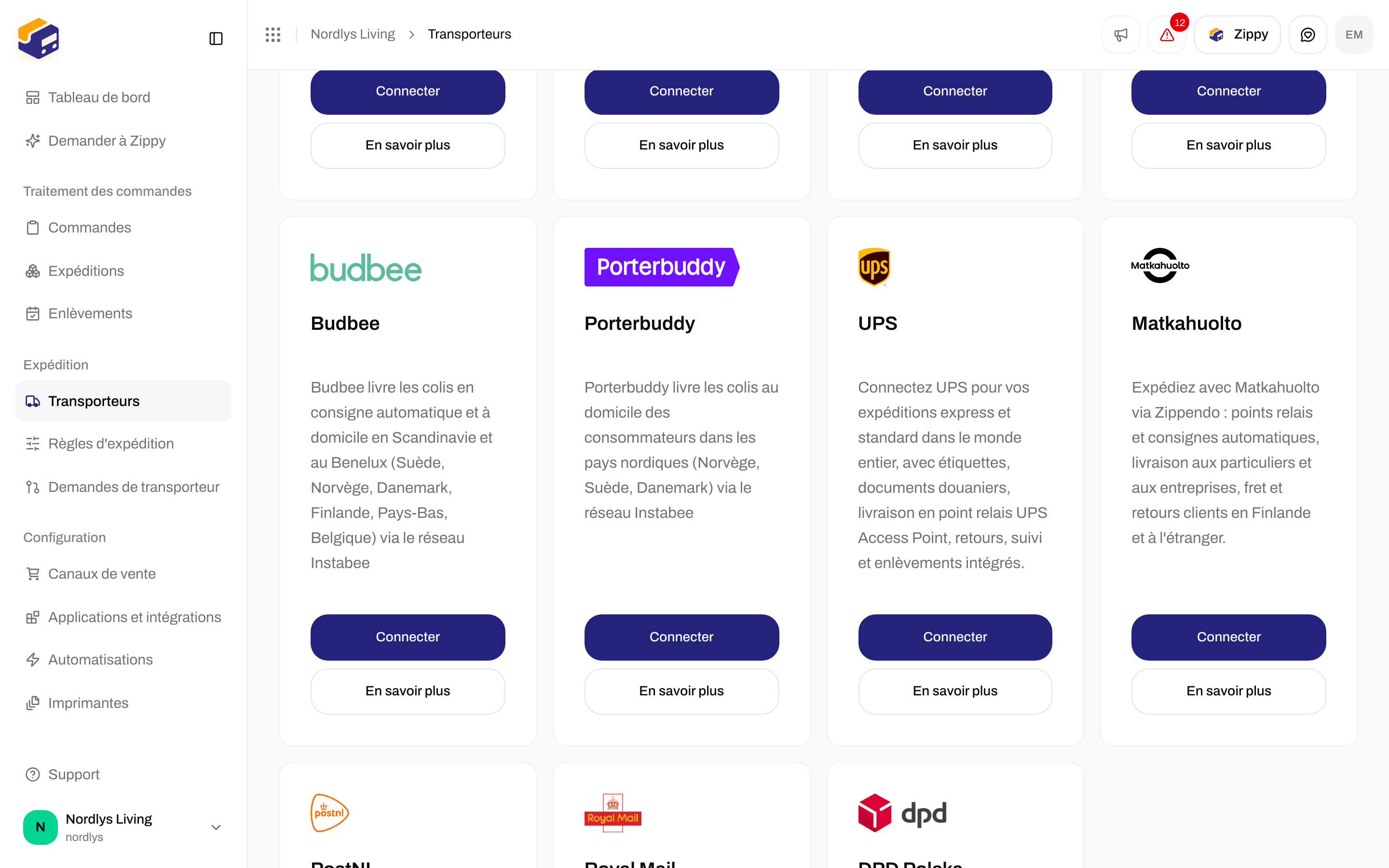 Tous les transporteurs avec la carte Budbee et ses boutons Connecter et En savoir plus