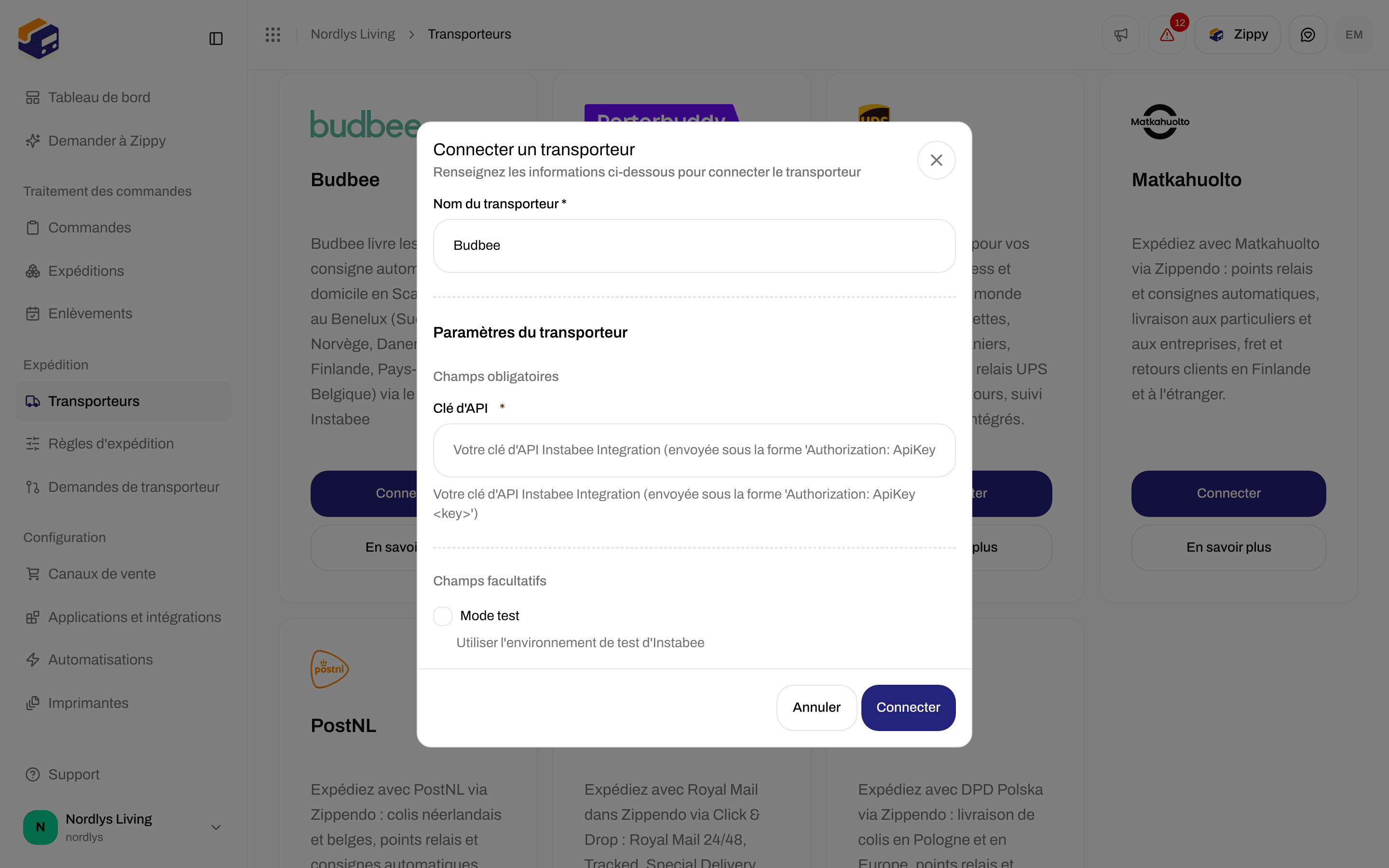 Fenêtre Connecter un transporteur pour Budbee avec la Clé d'API obligatoire et le Mode test facultatif