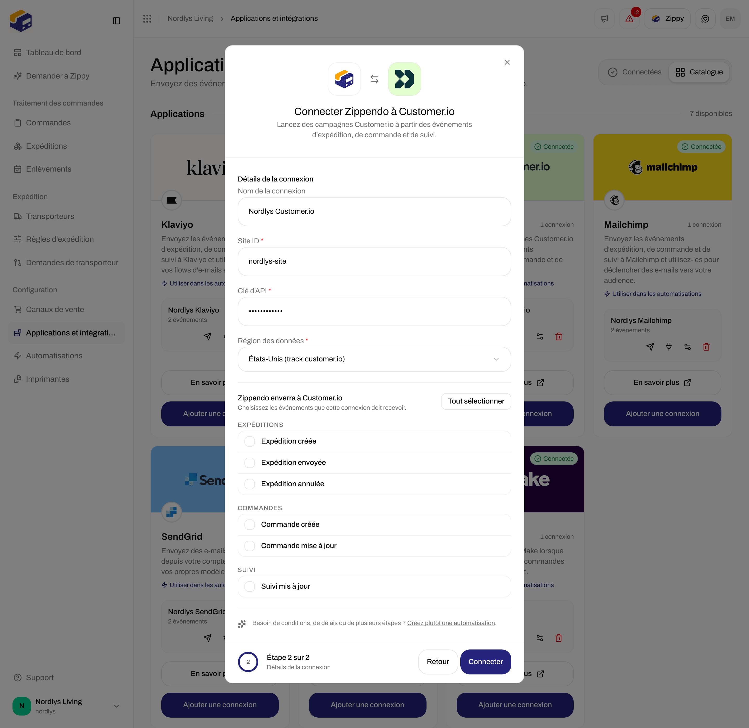 Fenêtre de connexion de Customer.io avec un nom de connexion, Site ID, Clé d'API, Région des données et des cases à cocher pour les événements