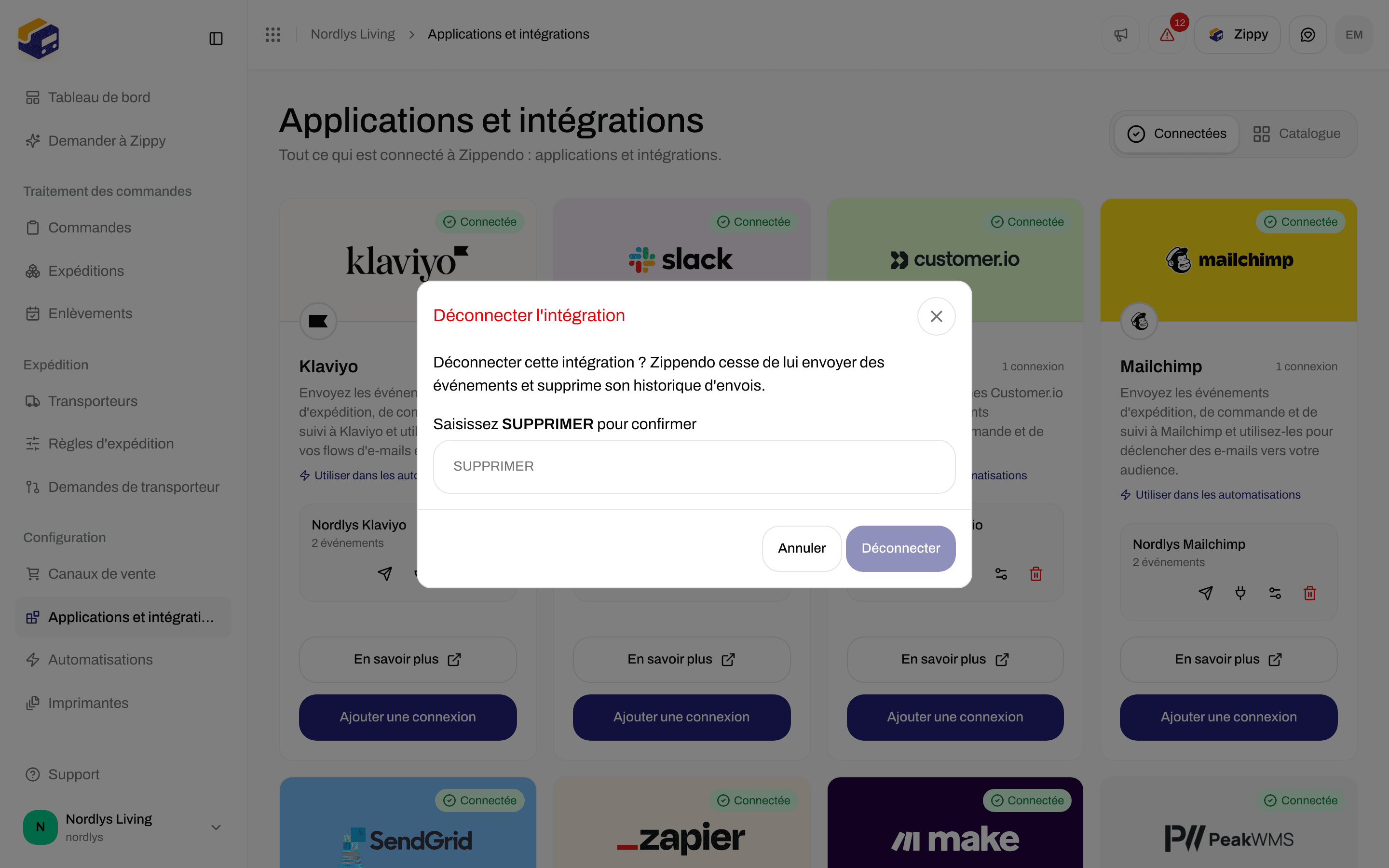 Fenêtre Déconnecter l'intégration demandant de saisir DELETE