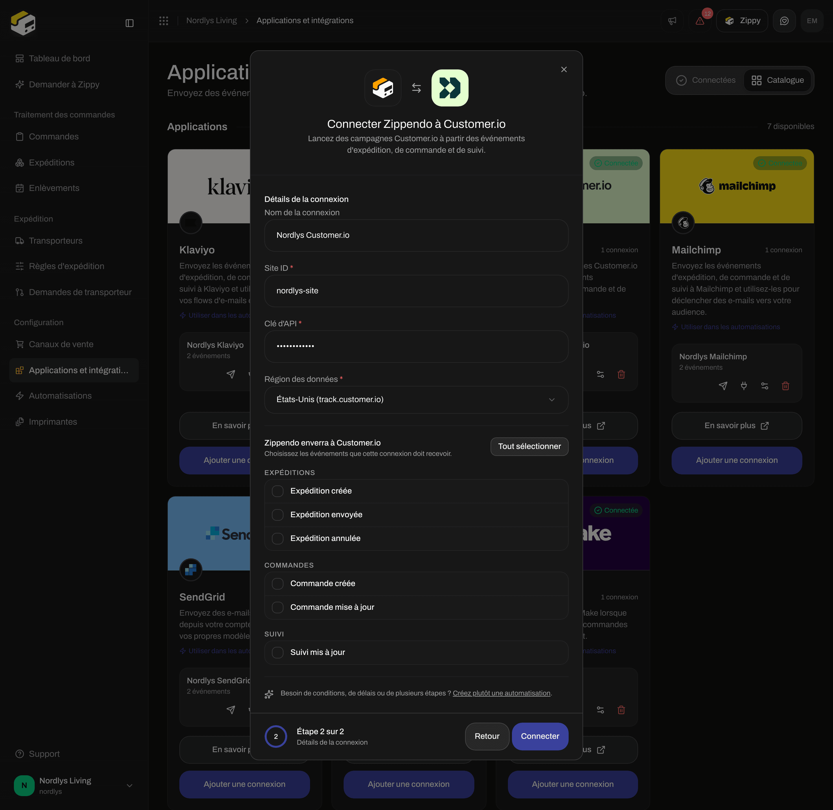 Fenêtre de connexion de Customer.io défilée jusqu'aux cases à cocher des événements de commande et de suivi
