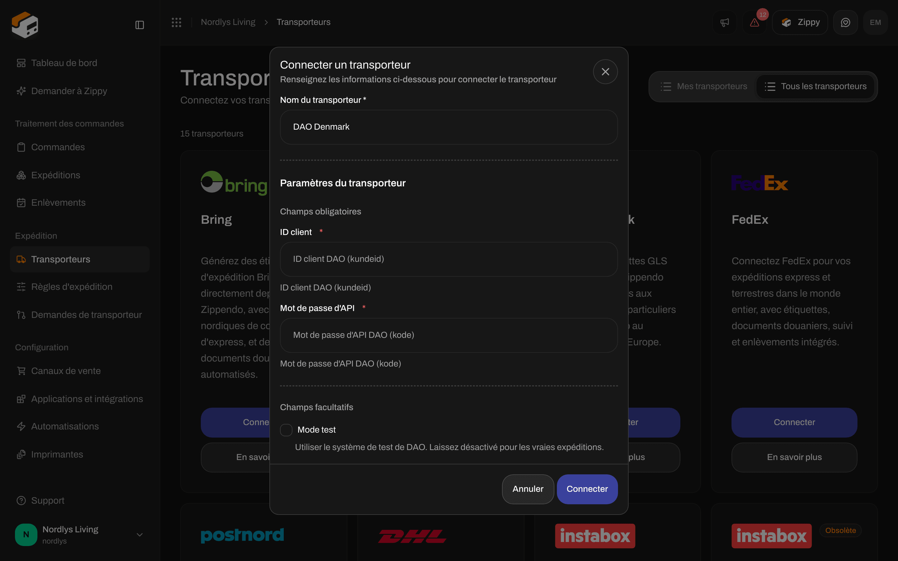 Fenêtre Connecter un transporteur pour DAO Denmark avec les champs obligatoires ID client et Mot de passe d'API