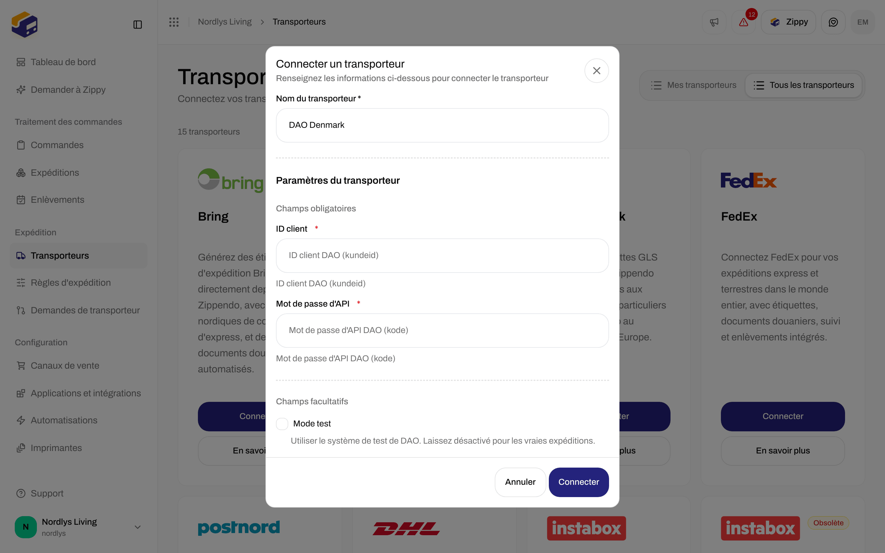 Fenêtre Connecter un transporteur pour DAO Denmark avec les champs obligatoires ID client et Mot de passe d'API