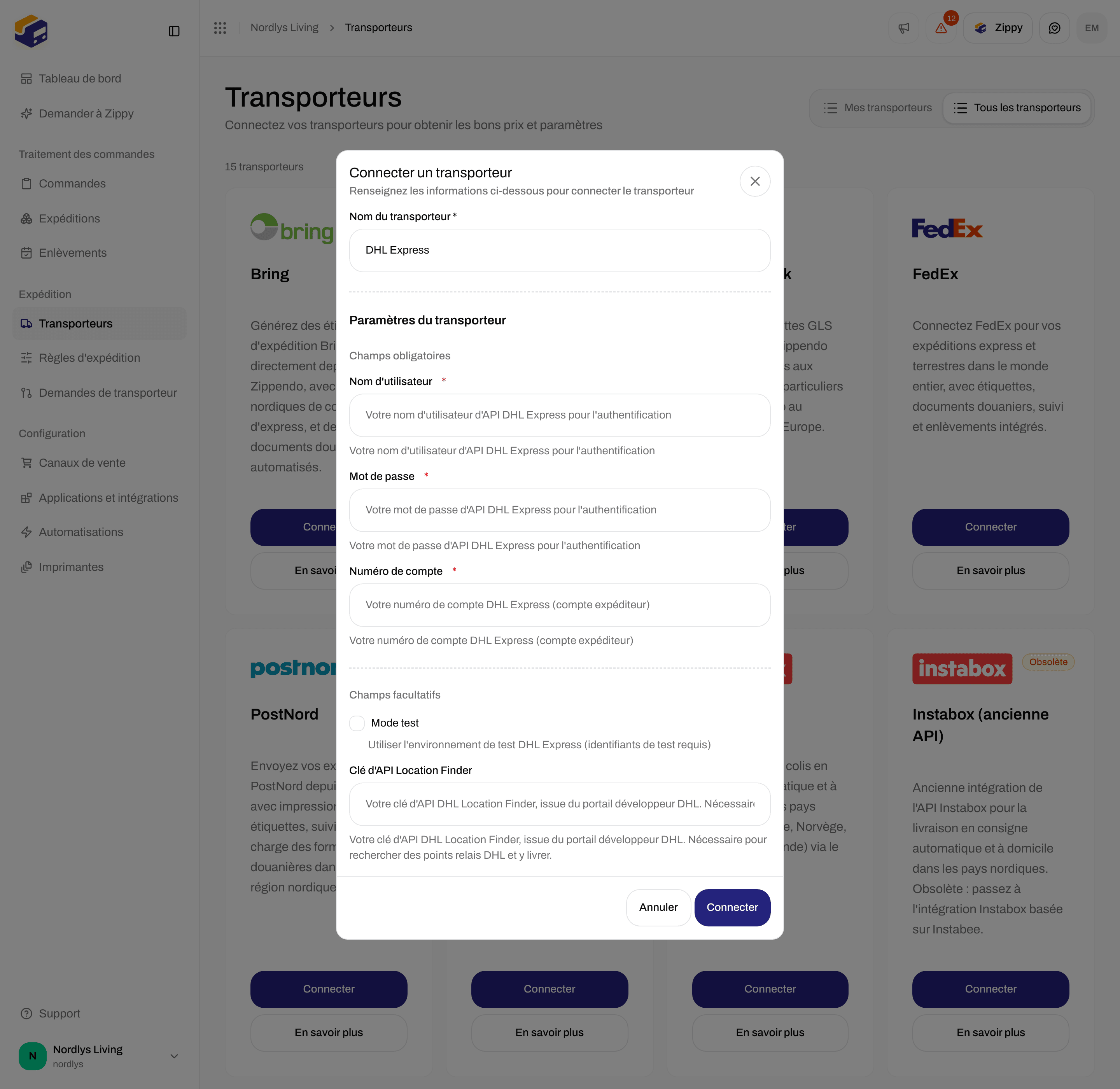 Formulaire de connexion DHL Express défilé jusqu'à Mode test et Clé d'API Location Finder