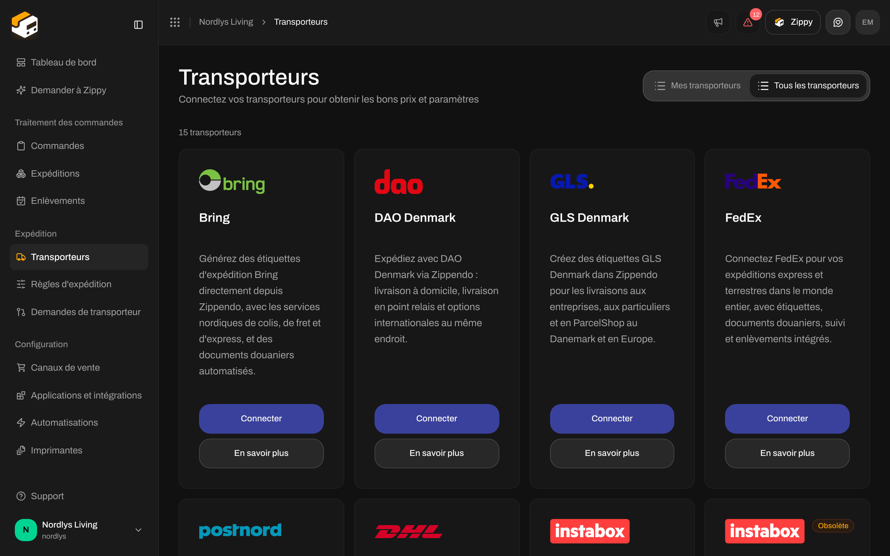Tous les transporteurs avec la carte GLS Denmark et ses boutons Connecter et En savoir plus